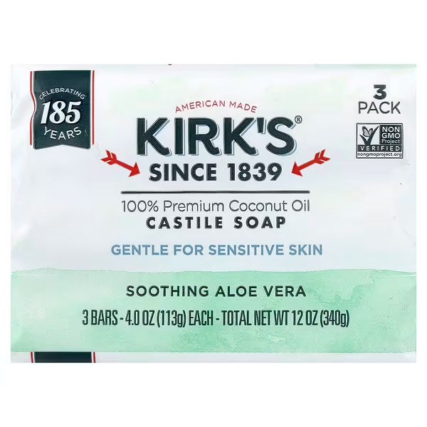 Kirk’s Natural Gentle Castile Bar Soap Soothing Aloe Vera 3 Bars Each (Pack of 6