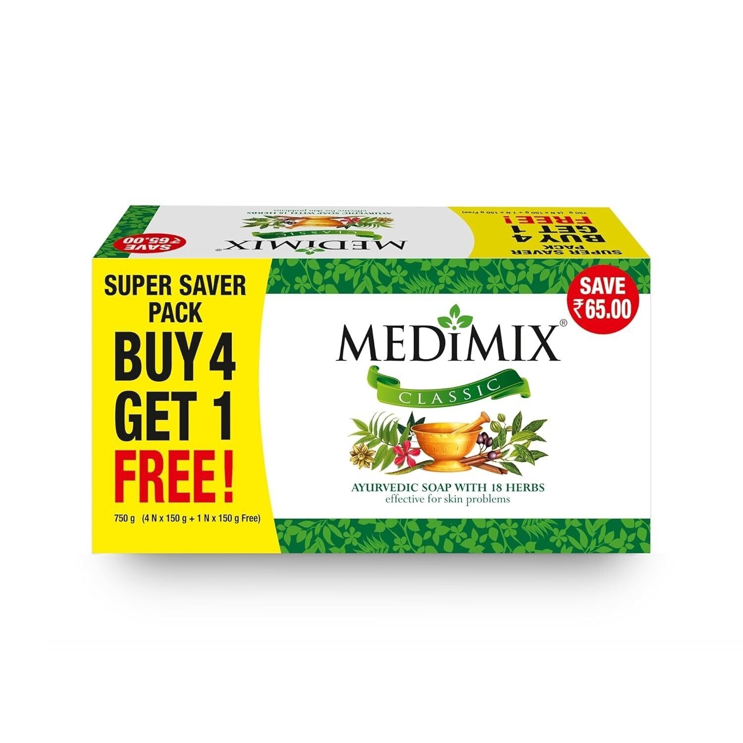 Medimix Classic Ayurvedic Soap with 18 Herbs 150g Buy 4 Get 1 (Pack of 5)