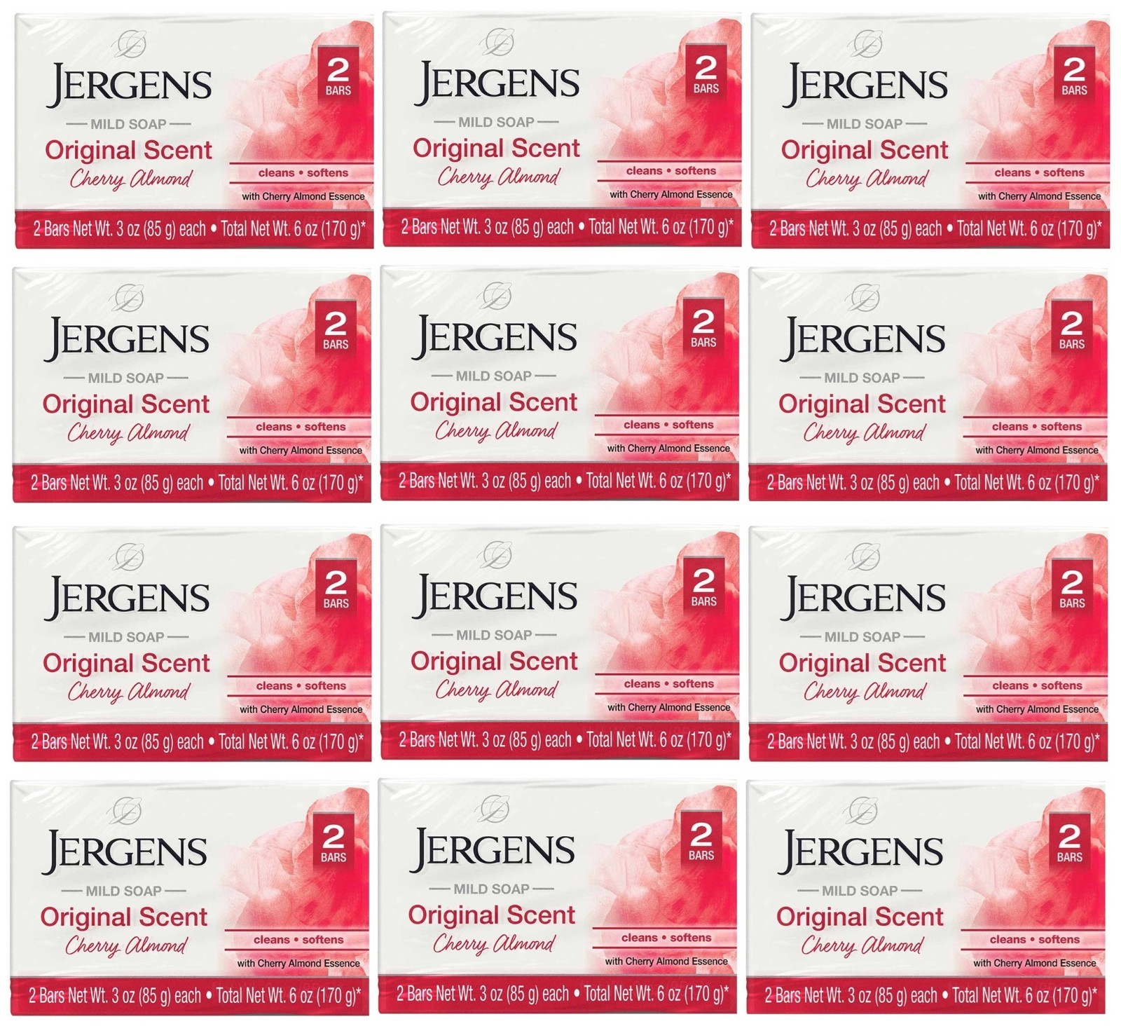 12 PACK- Jergens Mild Soap Original Cherry Almond Scent, 24 BARS – 3 Oz. (Each)