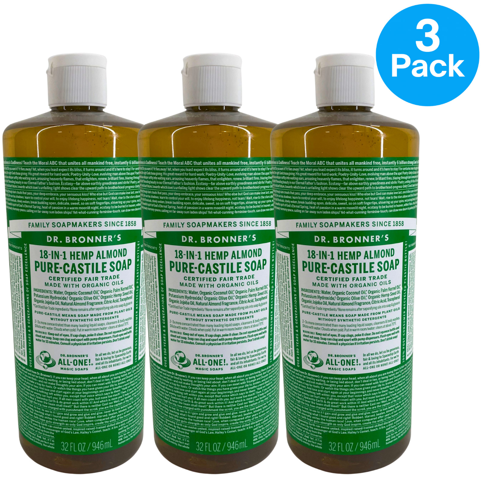 Dr. Bronner’s 18-in-1 Pure-Castile Magic Soap Almond 32 fl oz 3 Pack New