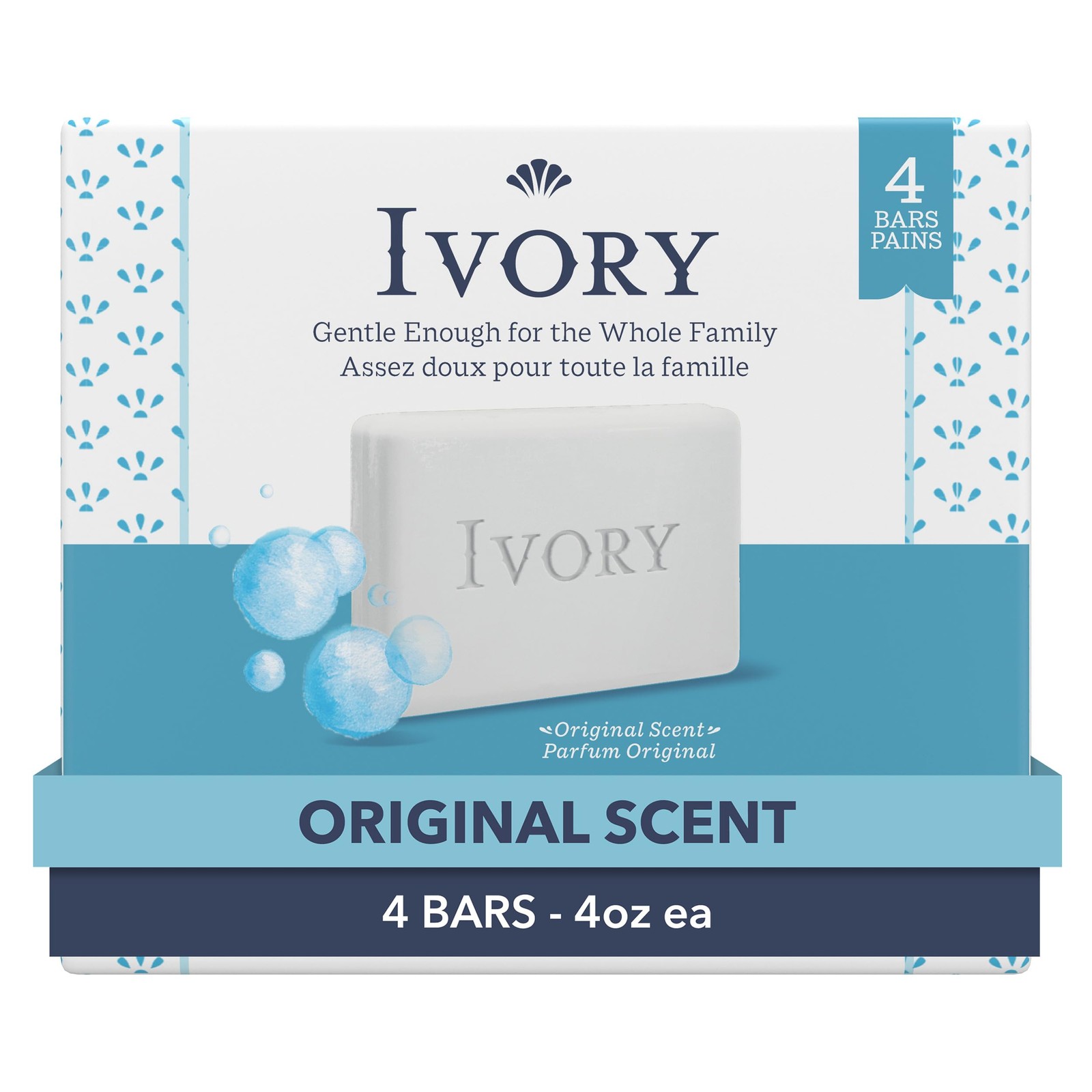 Ivory Gentle Bath Bar Soap, Designed for Whole 4.0 Ounce (4 Count), White