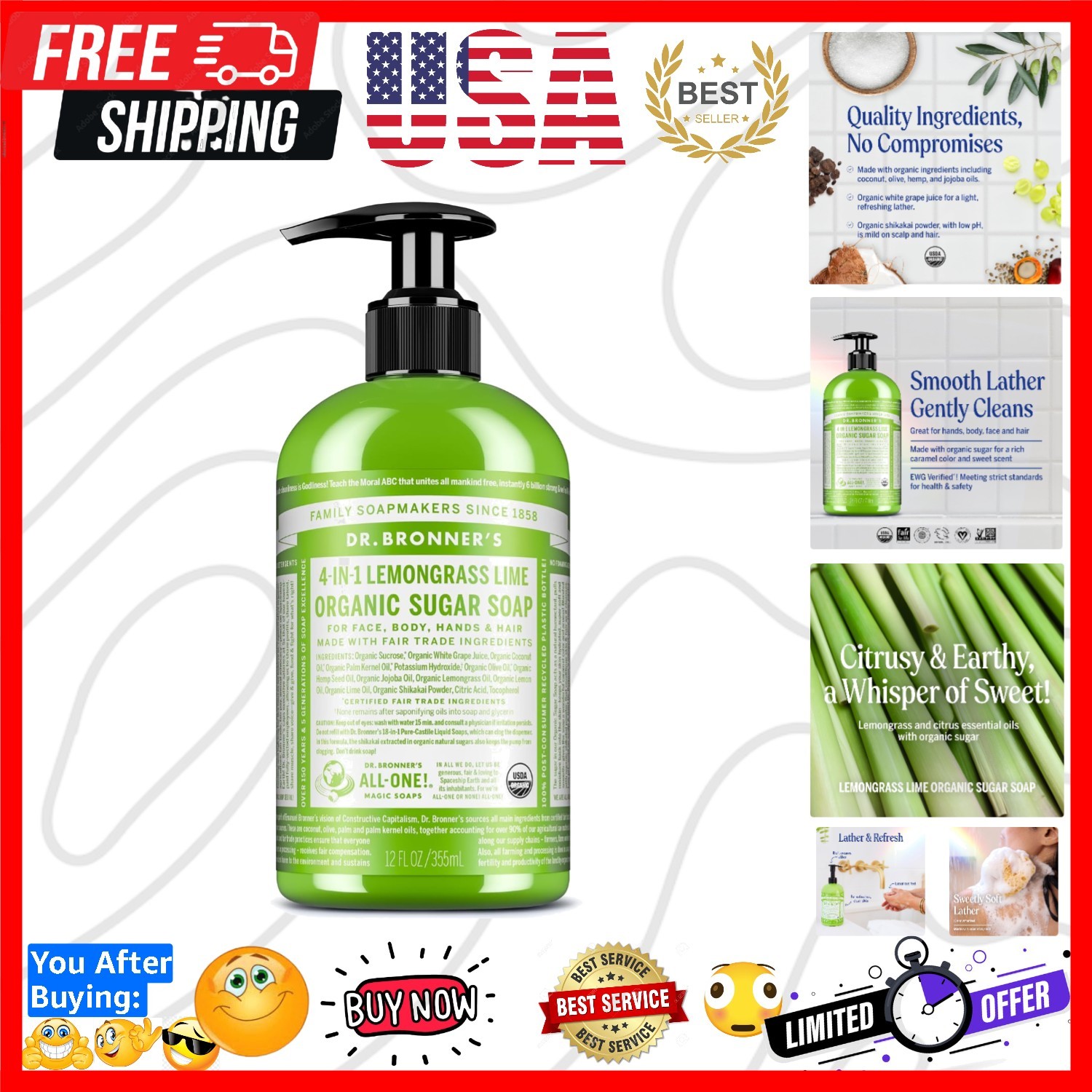Organic Sugar Soap Lemongrass, 12 Ounce – Made with Regenerative Certified Or…