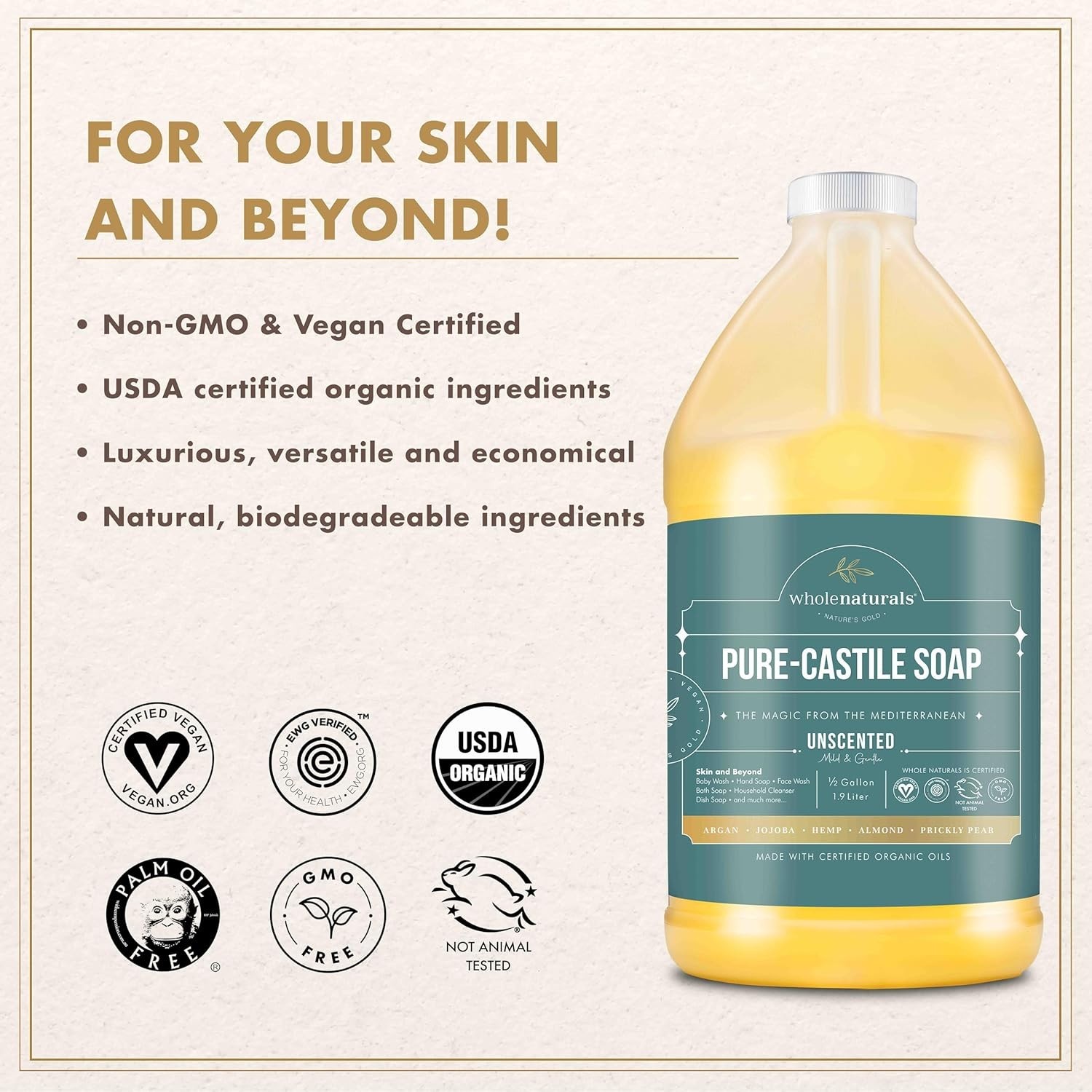 Pure Castile Soap Liquid, EWG Verified & Certified Palm Oil Free Unscented, N…