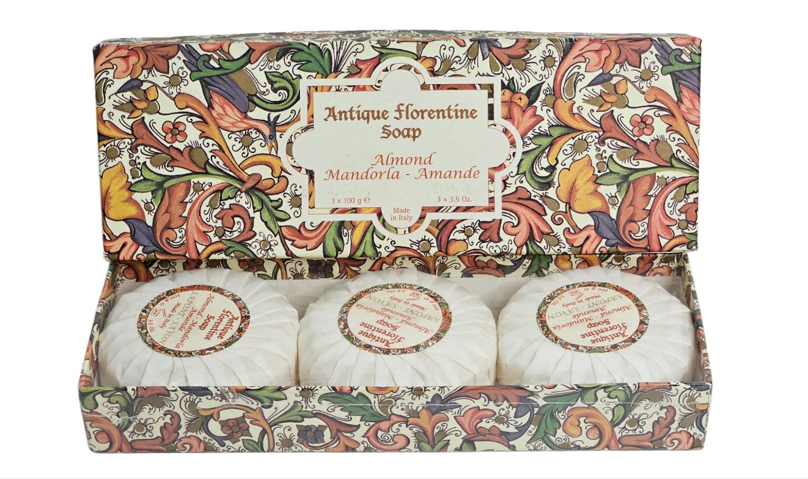 Antique Florentine Soap Almond Mandorla Amande Sapone Savon Italy 3 x 3.5 oz Box