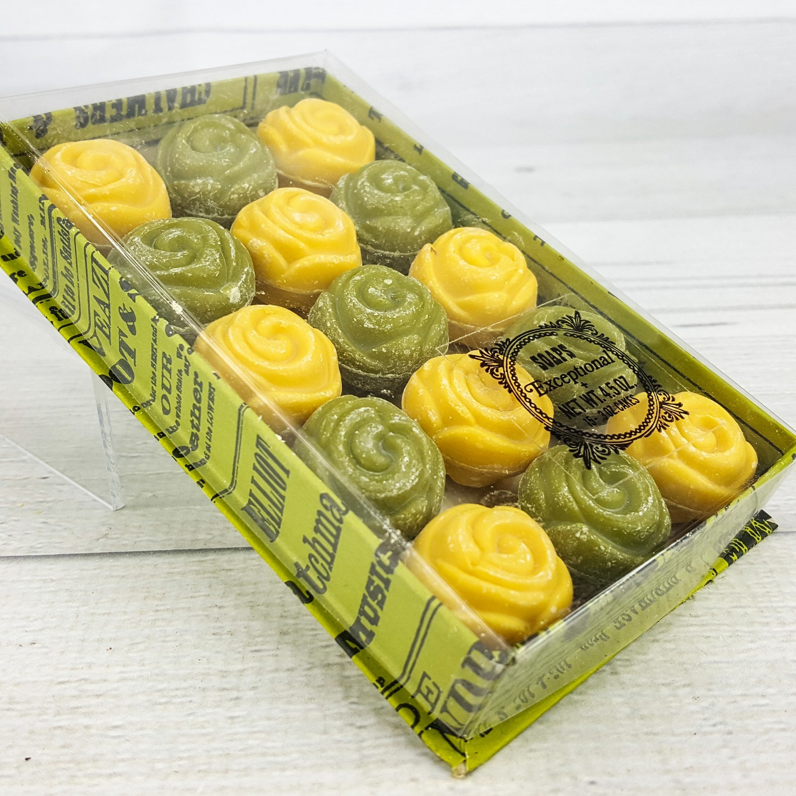 Vintage 15pc Rose Perfumed Guest Vanity Soap Mini Roses Yellow & Green in Box