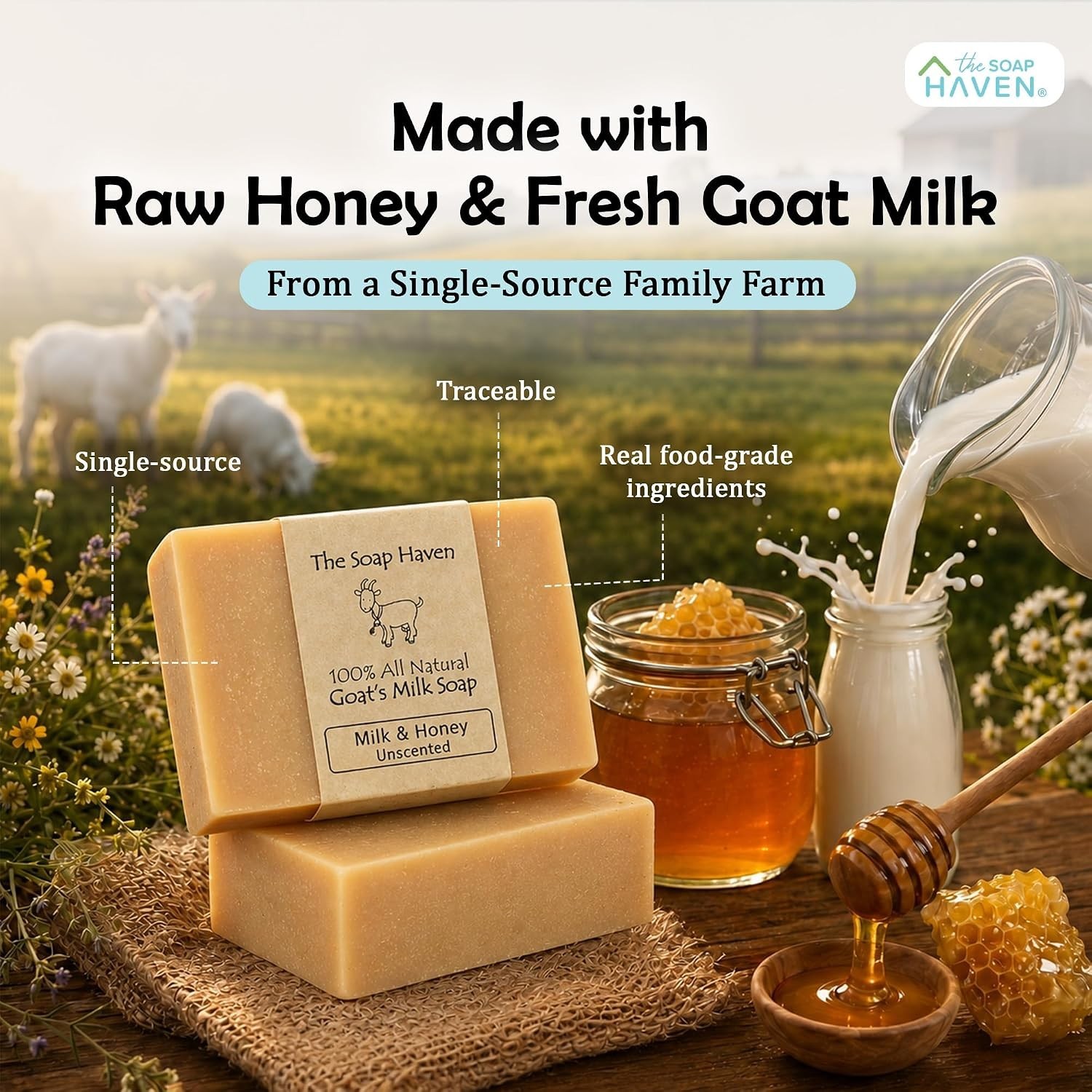 4 Goat Milk Soap Bars with Honey – Hand. All Natural Soap, Unscented, Fragran…