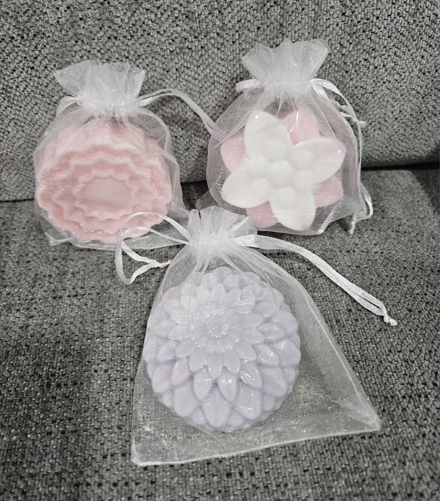Handmade Floral Flower-Shaped Body Bar Soap Set, Pink/Purple/Yellow Organza