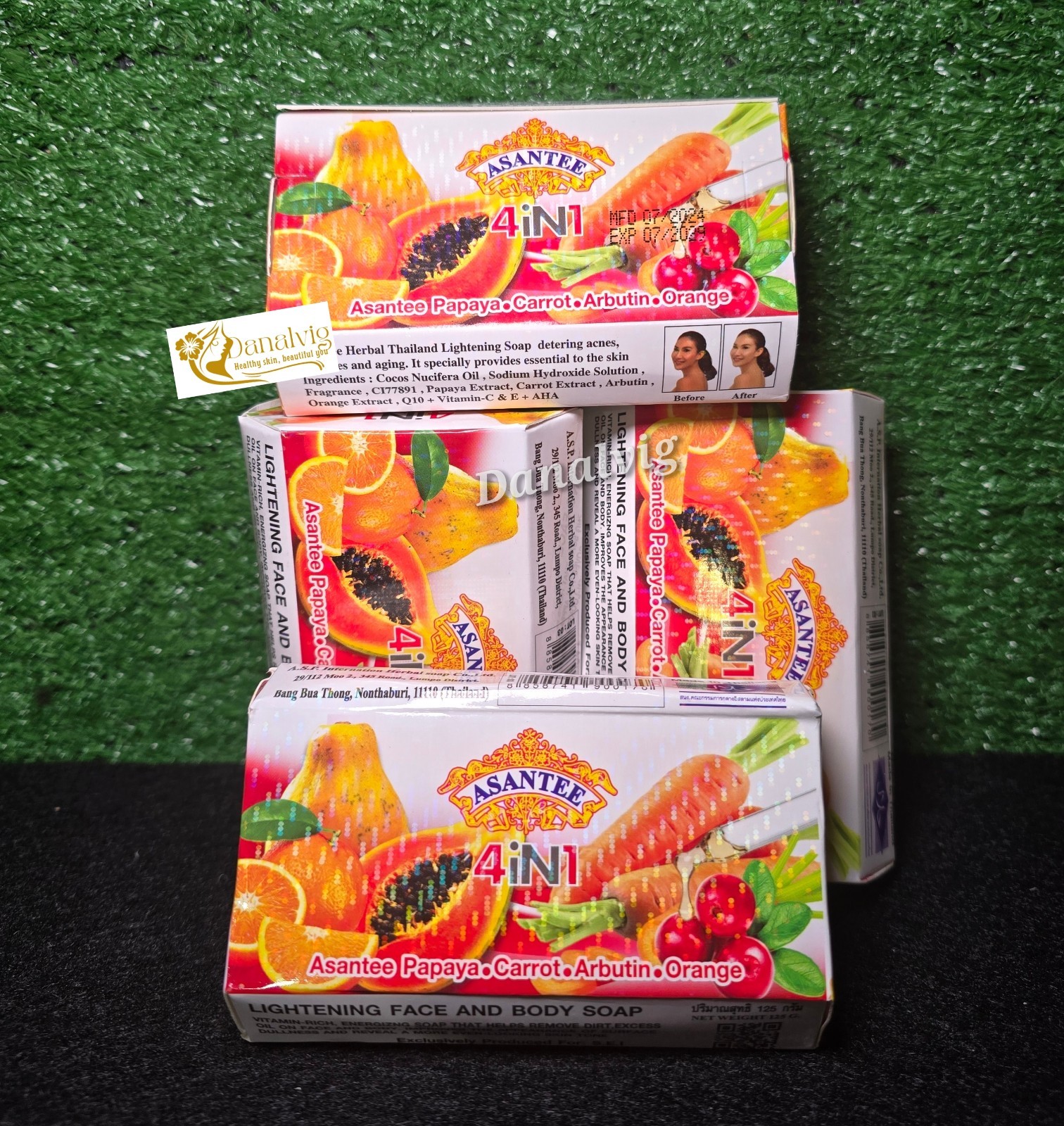 4 Asantee Papaya, Carrot, Arbutin Thailand Herbal Lightening 2 In 1 Soap Extra O