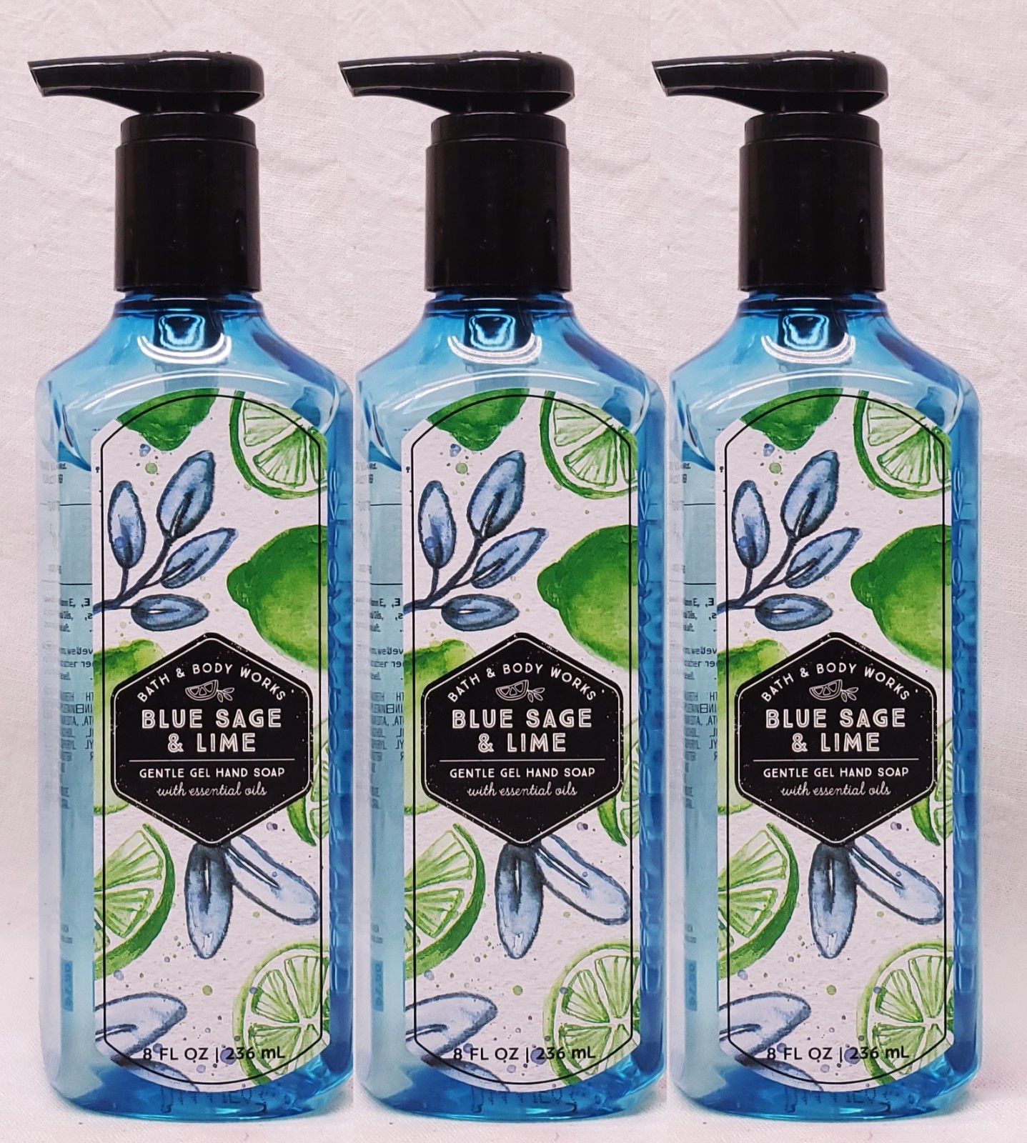 3 Bath & Body Works BLUE SAGE LIME Gentle Cleansing Gel Hand Soap Wash