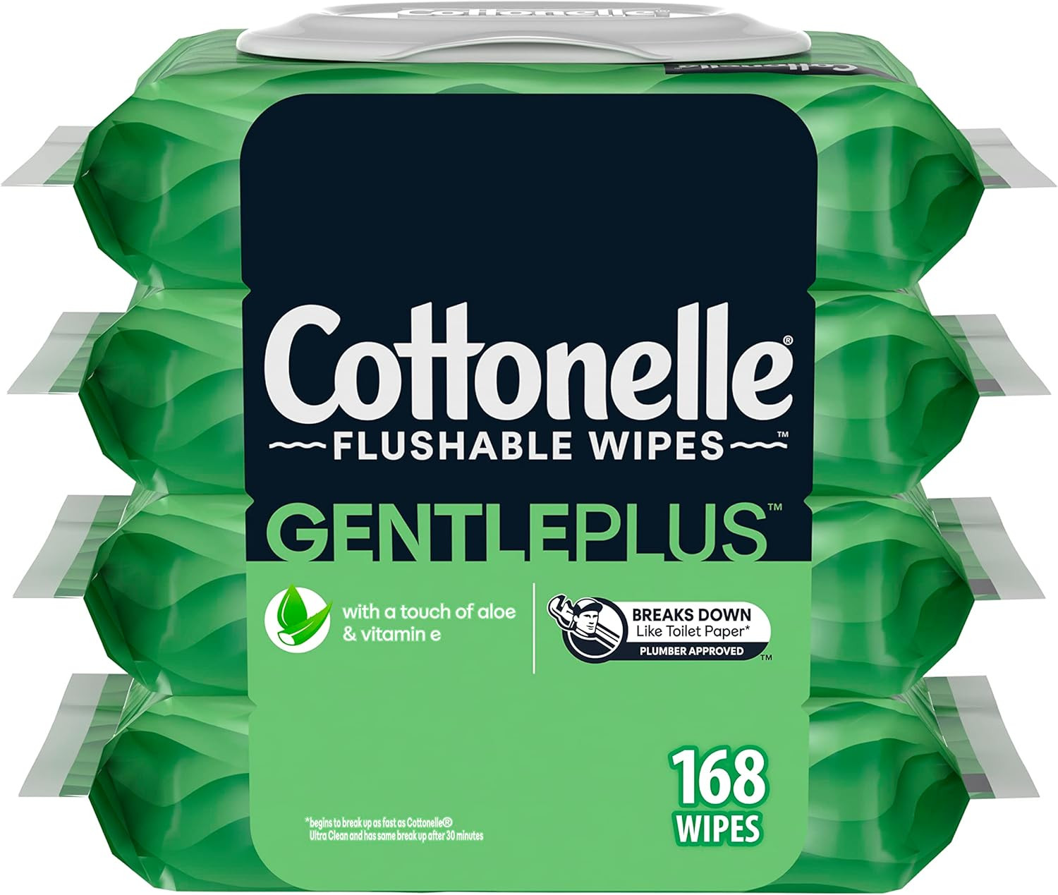 Gentleplus Flushable Wet Wipes with Aloe & Vitamin E – 4 Flip-Top Packs, 168 Tot