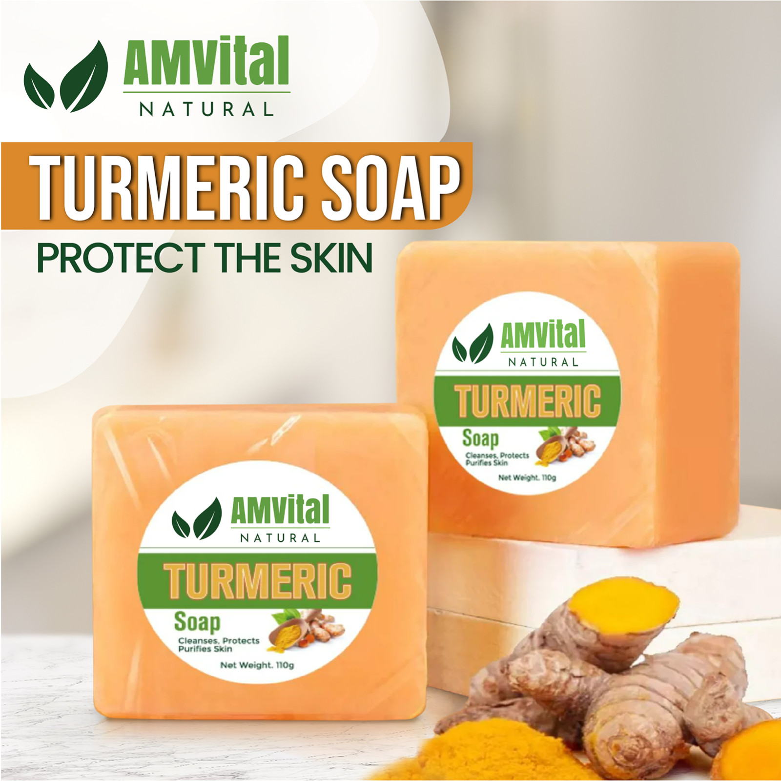 AMVital Turmeric Soap Bar for Face & Body-Acne, Dark Spots, Smooth Skin, Natural