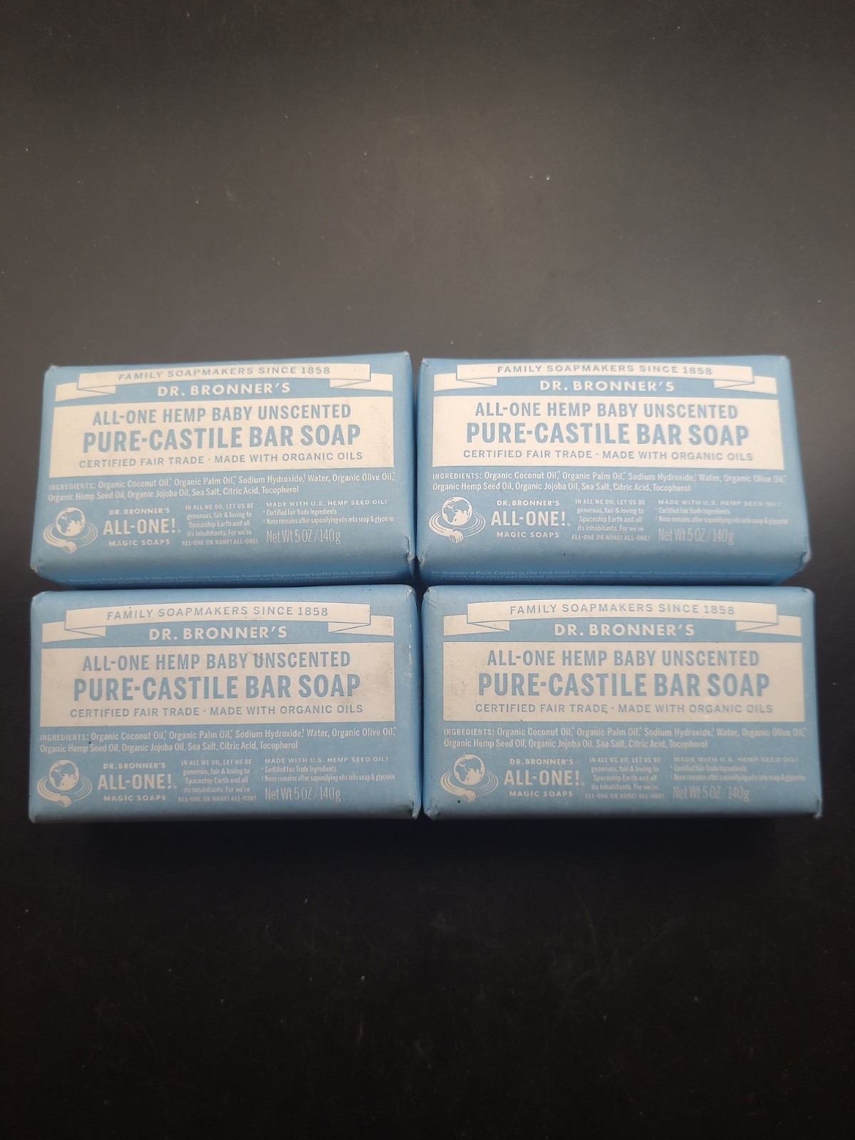 4 Bars Dr. Bronner’s All-One Hemp Baby Unscented Pure Castile Bar Soap Organic