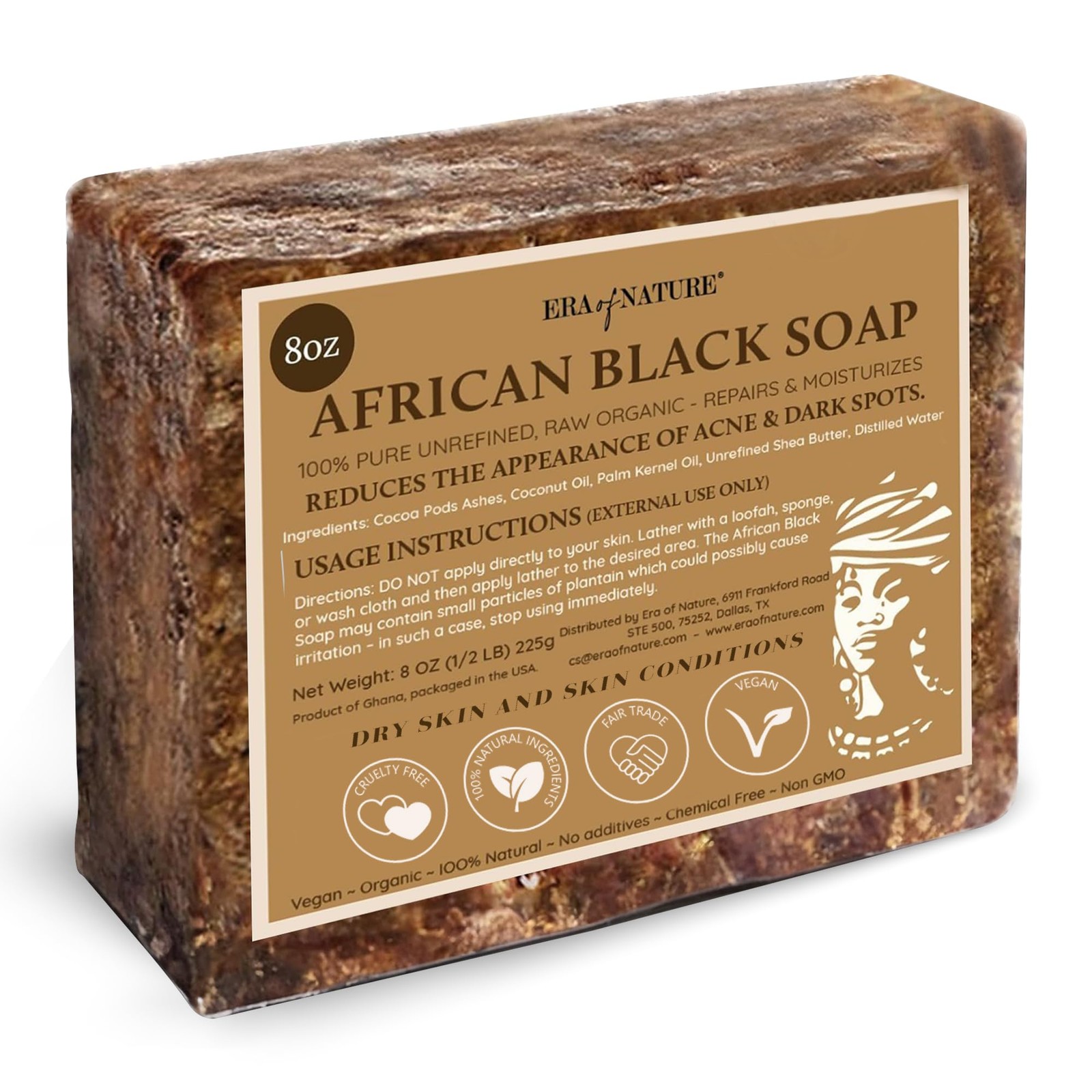 era of nature Best Raw ORGANIC AFRICAN BLACK SOAP, for 8 Ounce (Pack 1)