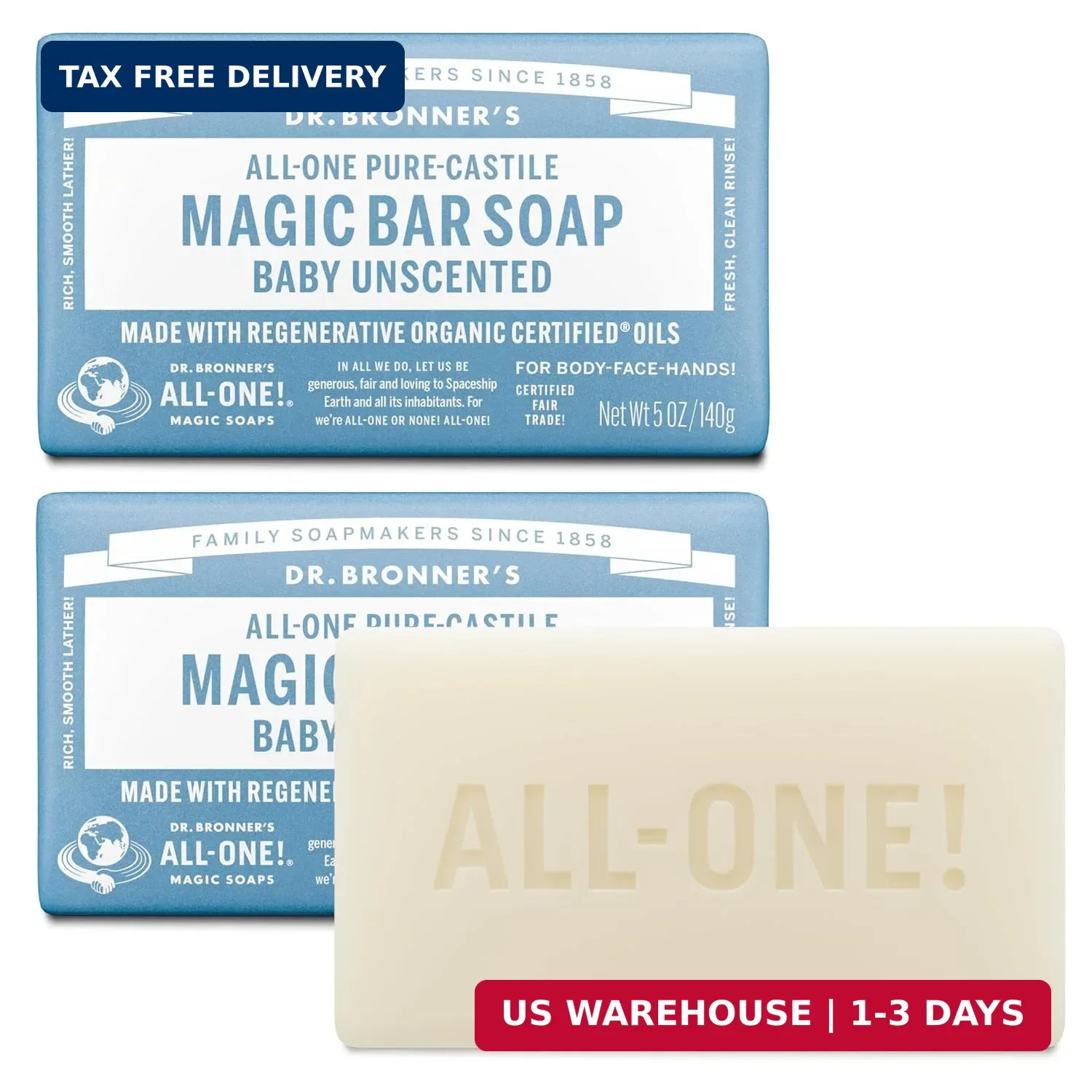 Dr. Bronner’s – Pure-Castile Bar Soap (Baby Unscented, 5 ounce, 2-pack) – Made w