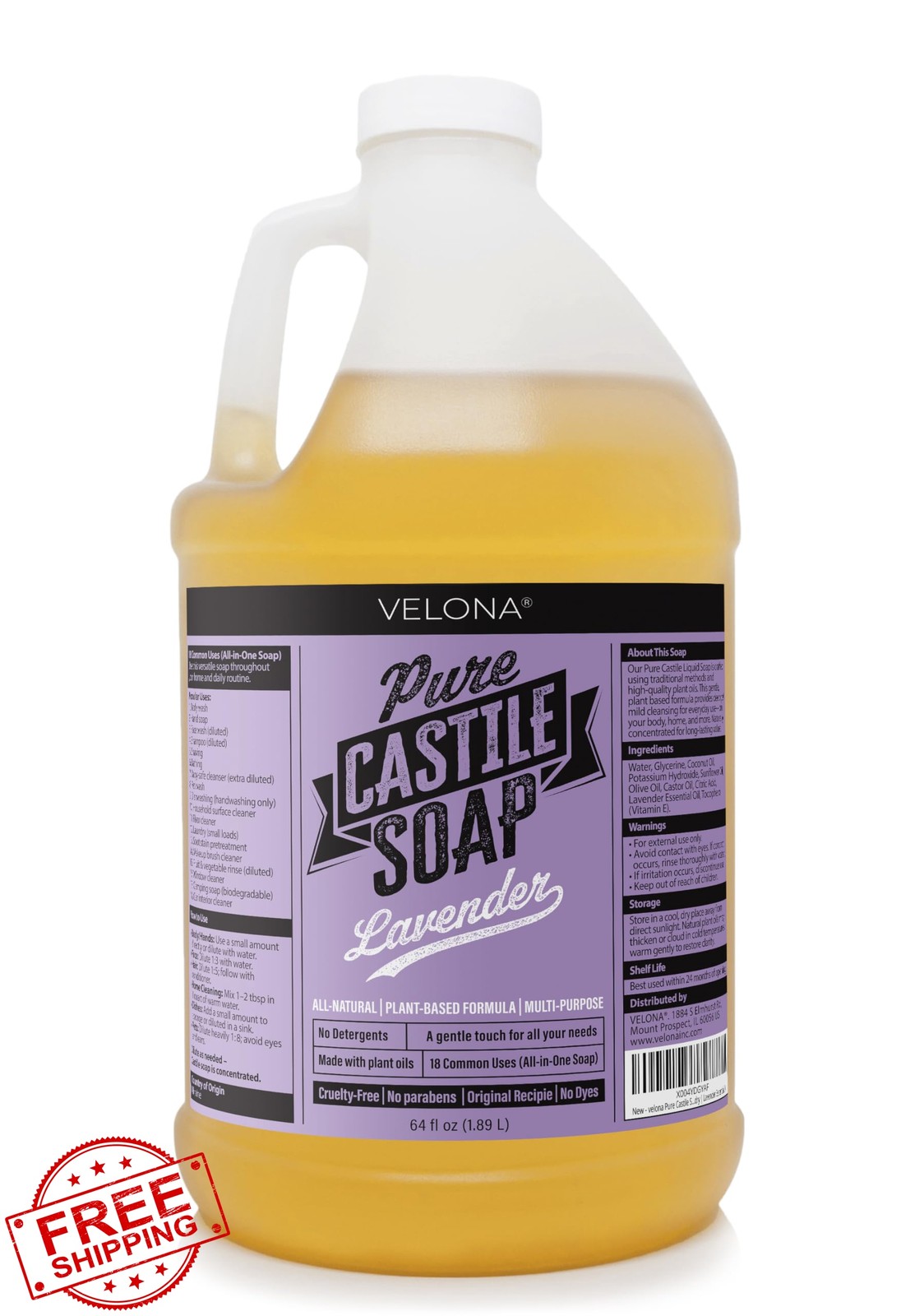 velona Pure Castile Soap 64oz Lavender Wash