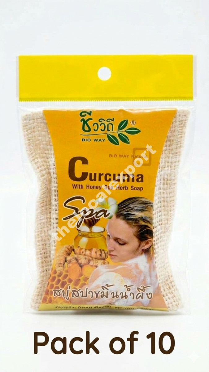 10x Bio Way Curcuma Spa Honey Herb Soap Thai Natural Herbal Loofah Pouch 75g