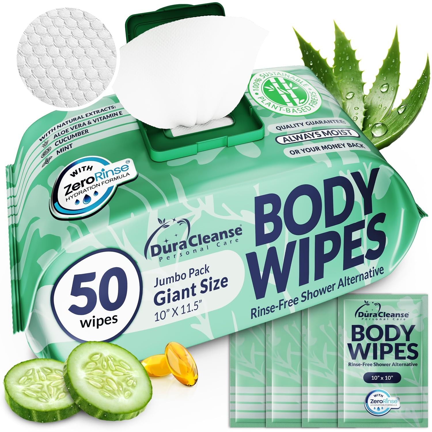 Body Wipes for Women, Extra Moist No Rinse Bathing Wipes-50 XL Shower Cloths