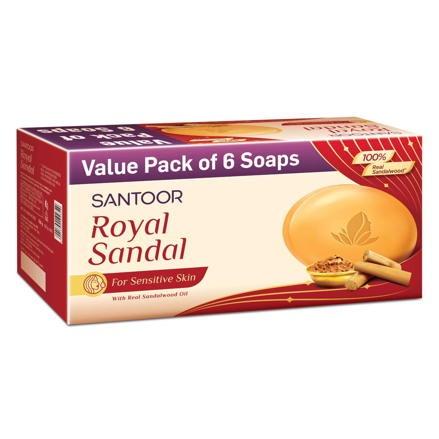 6No. Santoor Royal Sandal Bathing Soap for Sensitive Skin -125g -Free Ship