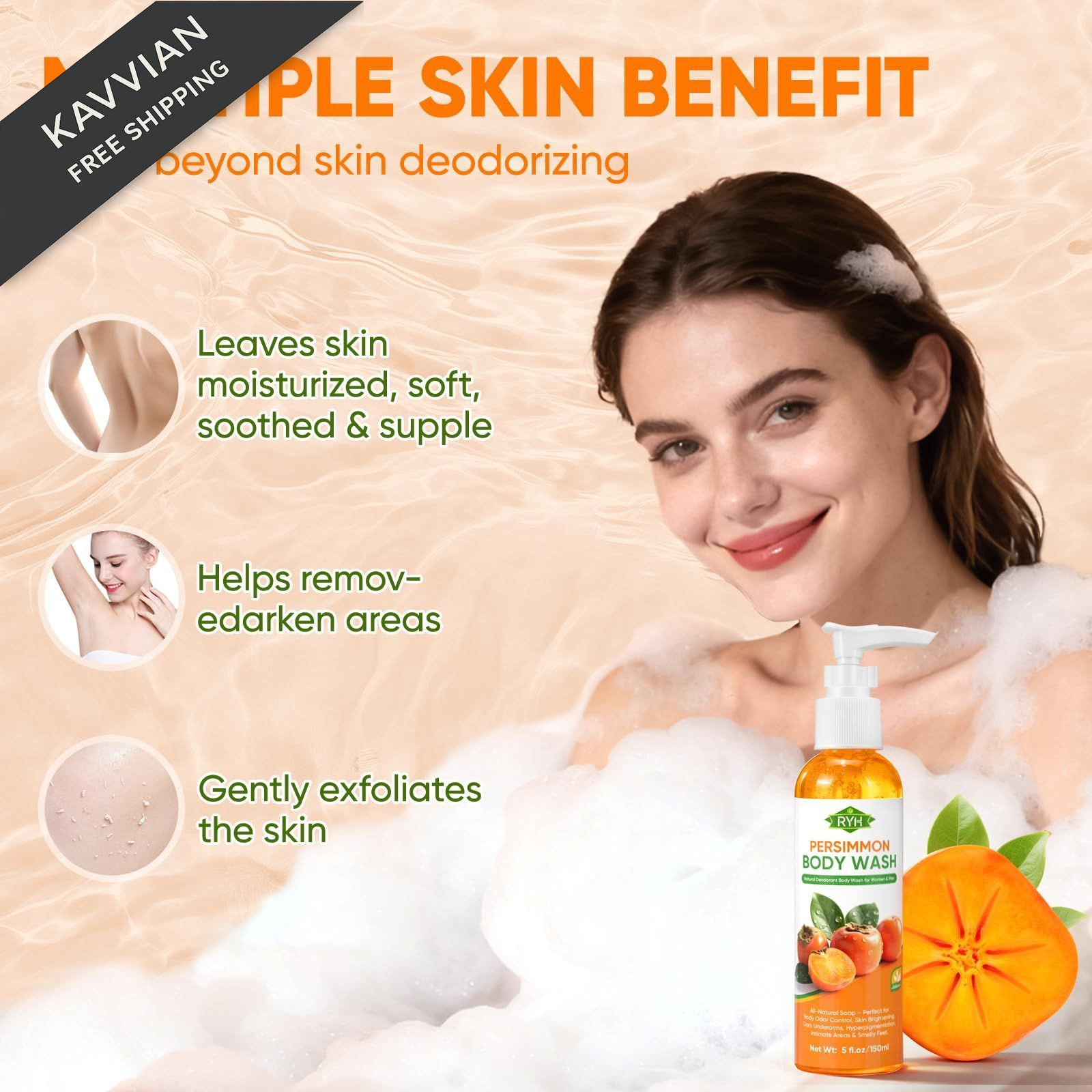 RYH Persimmon Body Wash for Odor Control – Natural 1 Count (Pack of 1)