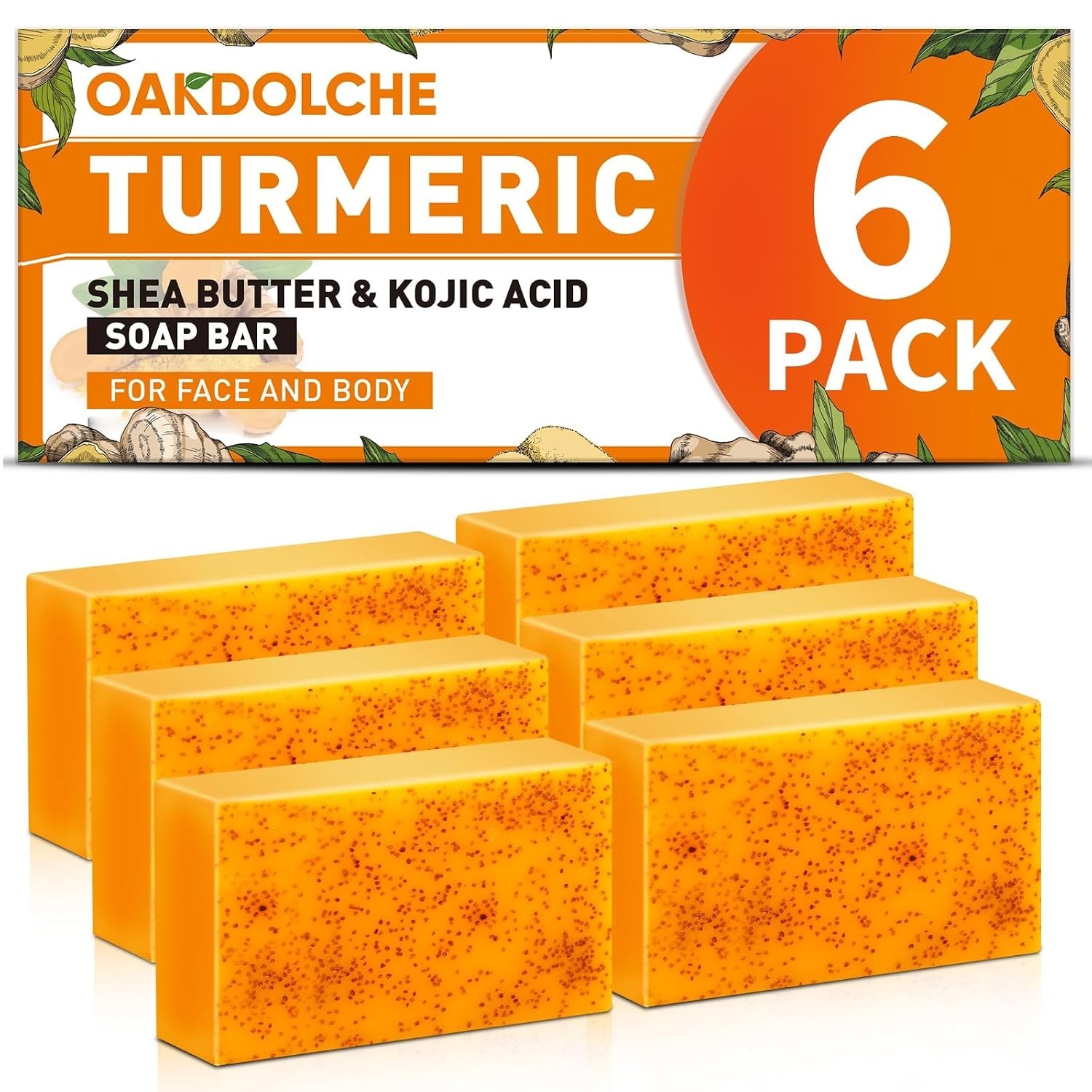 6 Pack Turmeric Kojic Acid Soap Bars – Infused with Retinol, Hydrolyzed Collagen