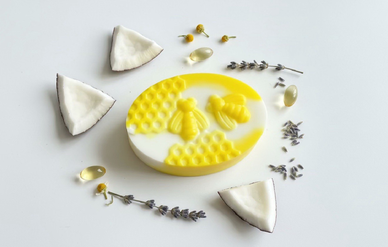 Bee and Honeycomb Patter handmade Body Bar Soap Yellow White All Natural Unisex