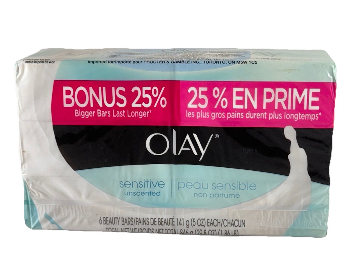 Olay Sensitive Unscented Skin Beauty Bar Soap 5 oz Each New & Sealed 6 Bars