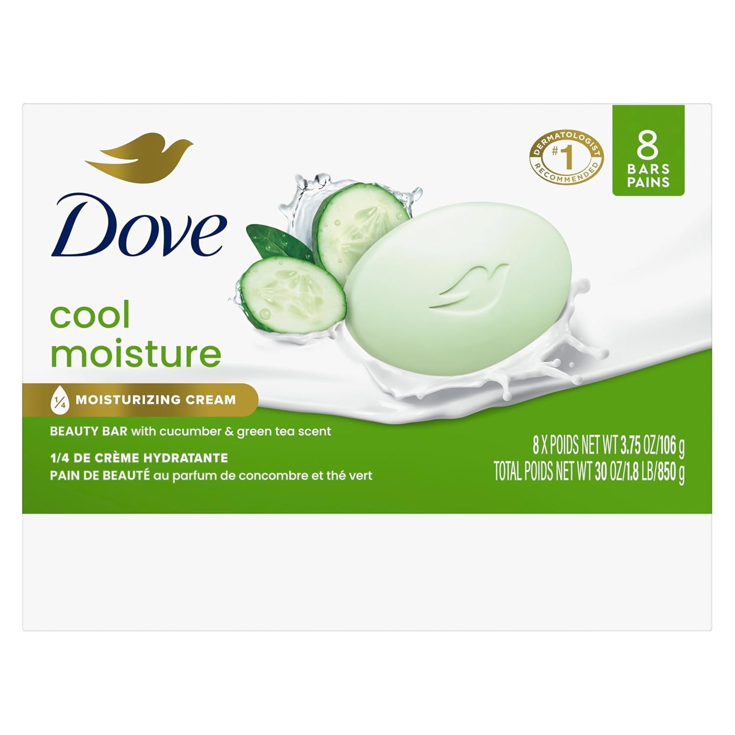 Dove Cool Moisture Beauty Bar Soap 8 Count, Refreshing Cleanser, 3.75 Oz I Moist