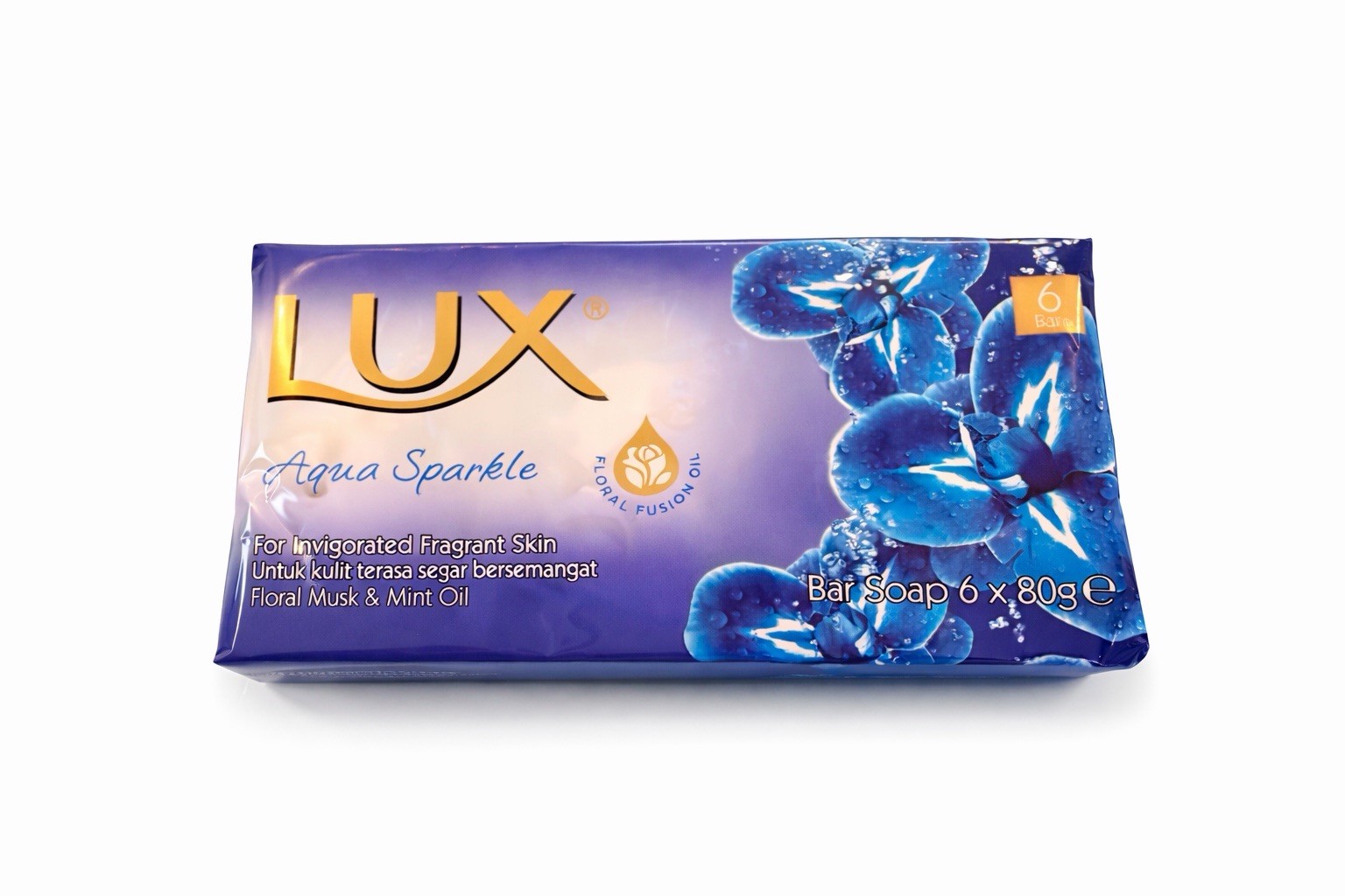 LUX Aqua Sparkle Bar Soap 6 x80g Floral Musk&Mint Oil Invigorating Fragrant Skin
