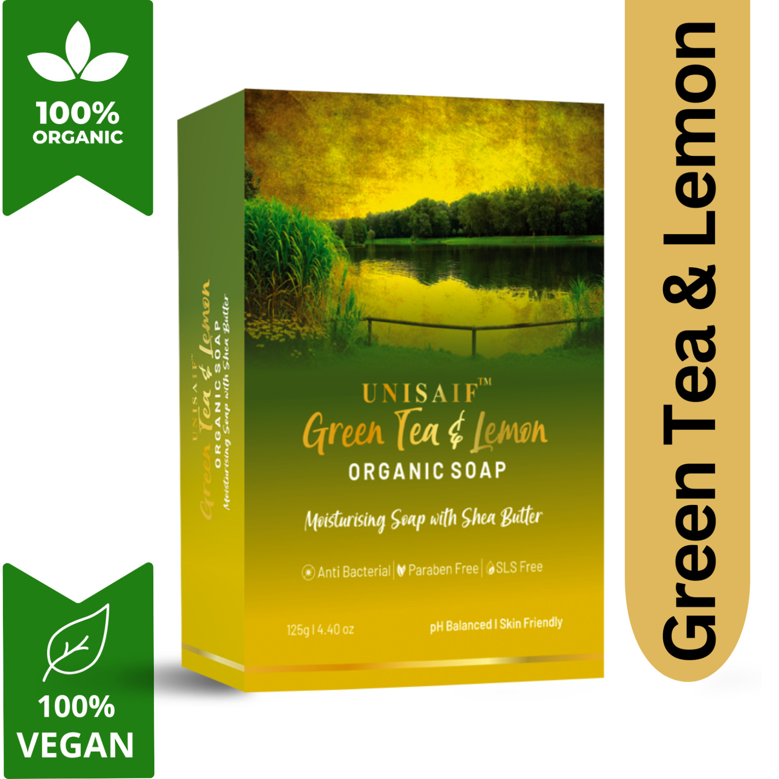 Unisaif Green Tea & Lemon Organic Body Soap Bar, Moisturizing With Shea Butter