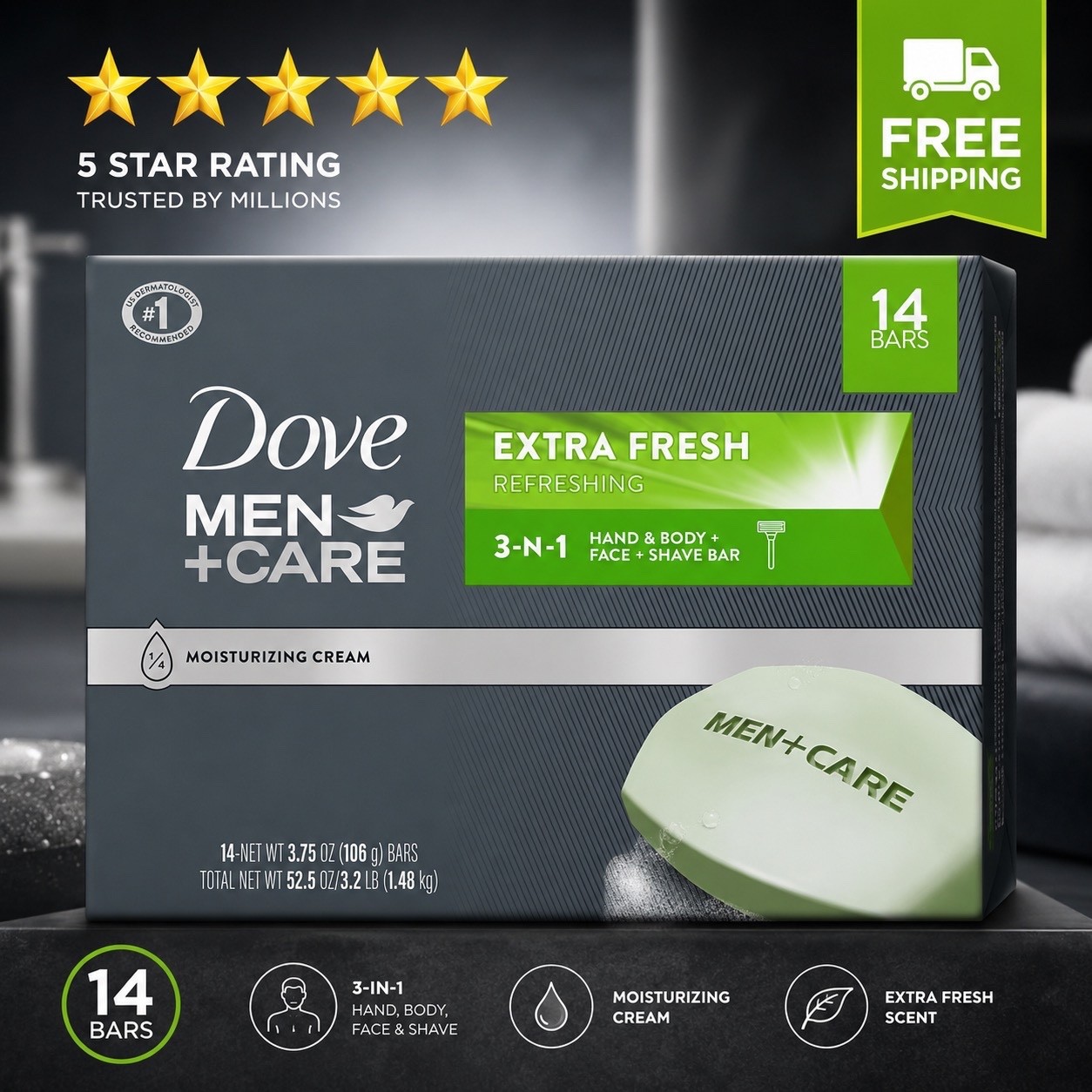 Dove Men+Care Bar 3 in 1 Cleanser for Body, Face, and Shaving Extra Fresh 14 Bar