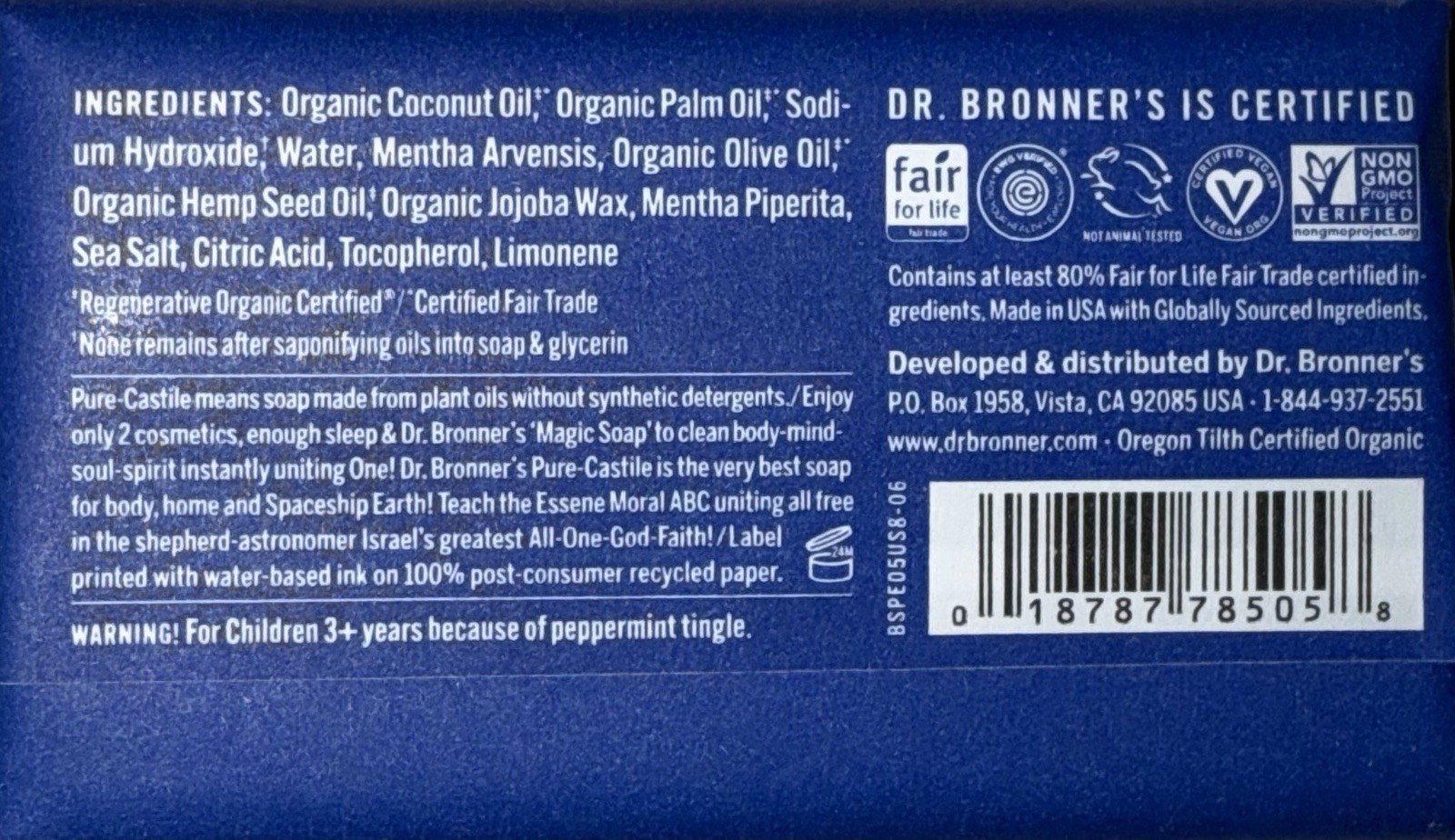 New Dr. Bronners All One Peppermint Pure Castile Bars Soap W/Organic Oils 5oz