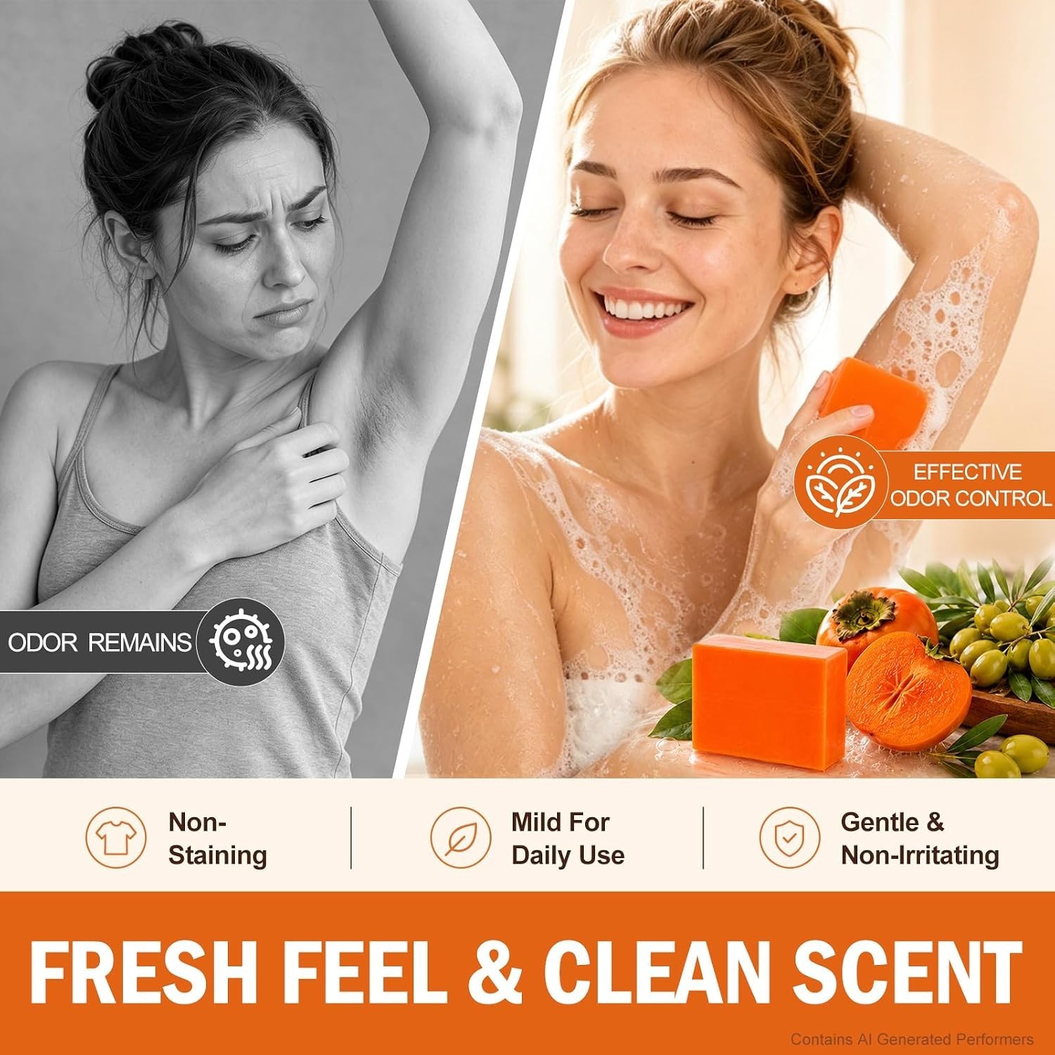 5 PCS Persimmon Soap Bar（80g） for Body Odor Control, Natural Refreshing Body …
