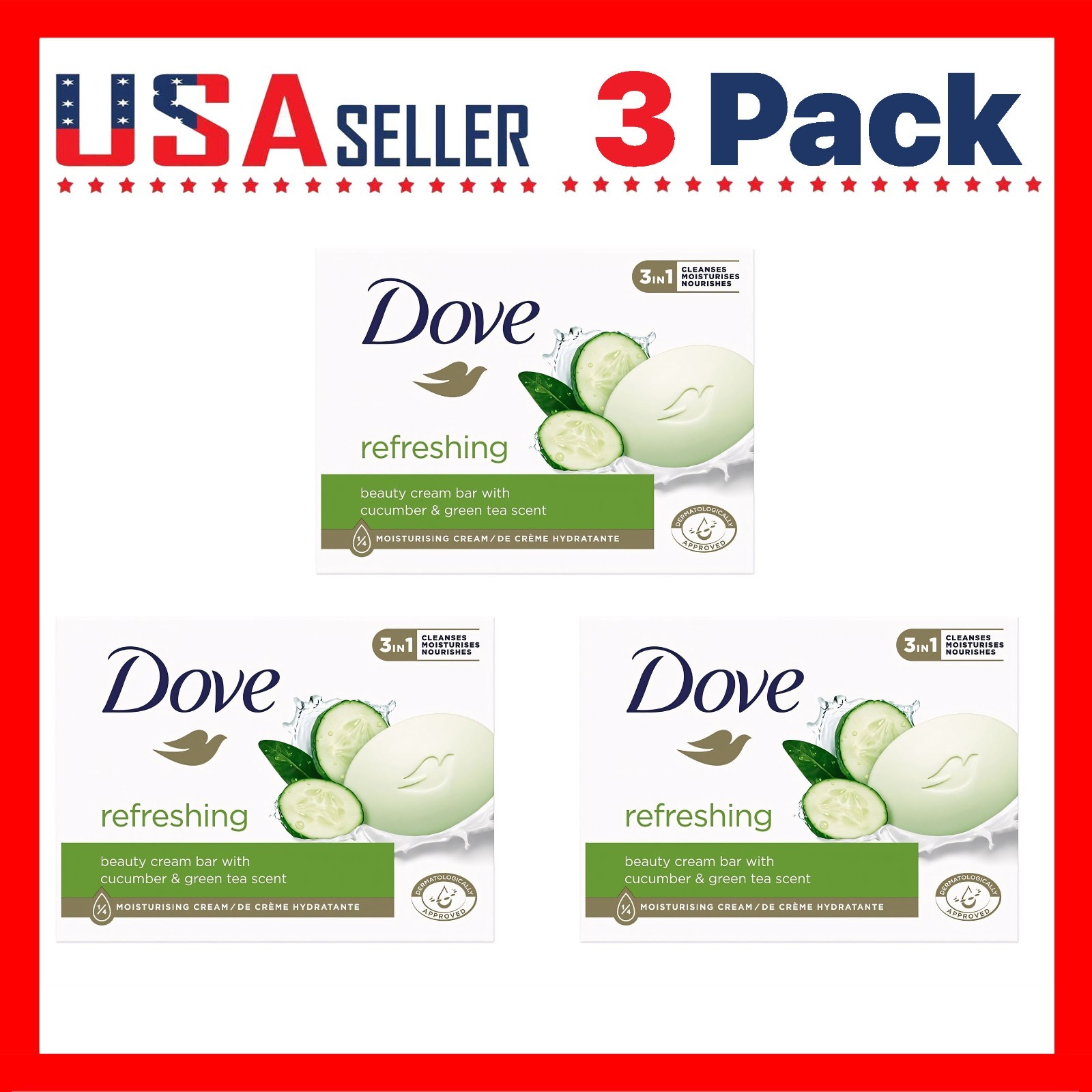 Dove Cool Moisture Cucumber & Green Tea x [3 Pack] x 135 g Beauty Bar Soap
