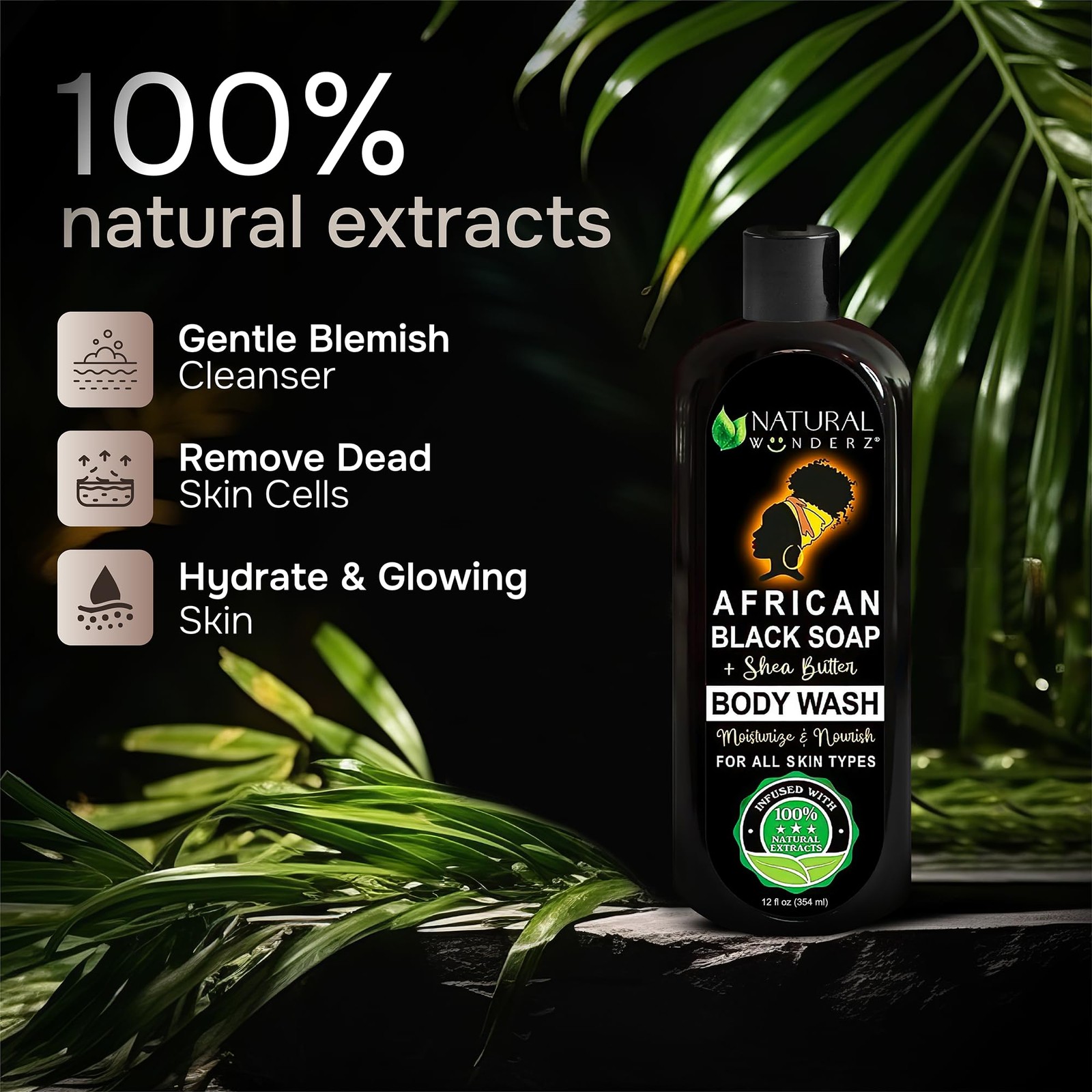 Natural Wunderz African Black Soap Body Wash, 12 oz – 12 Fl Oz (Pack of 1)