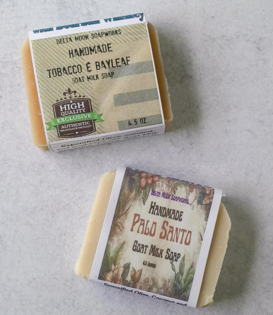 Handmade Tobacco Bay Leaf and Palo Santo Goat Milk Soap, + samples