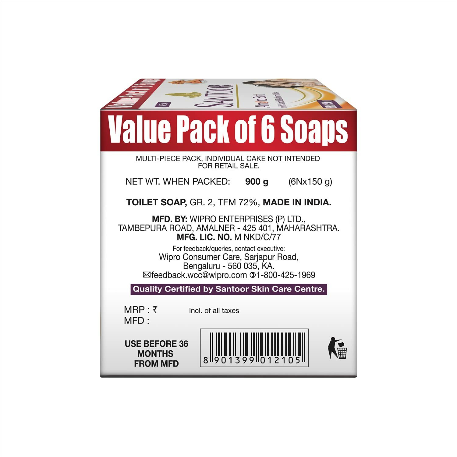 6 No. Santoor Sandalwood and Almond milk Organic Soft Bath Soap 150 g -Free Ship