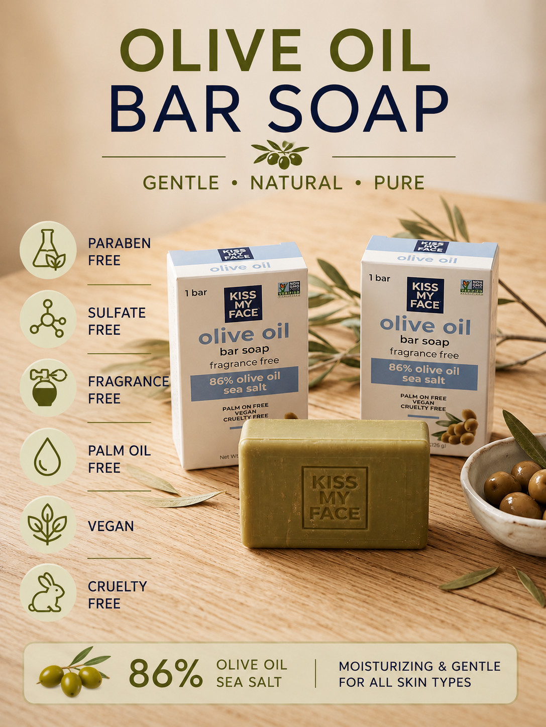 Olive Oil Bar Soap 3 Pack 4 oz Fragrance Free Vegan Soap Kiss My Face