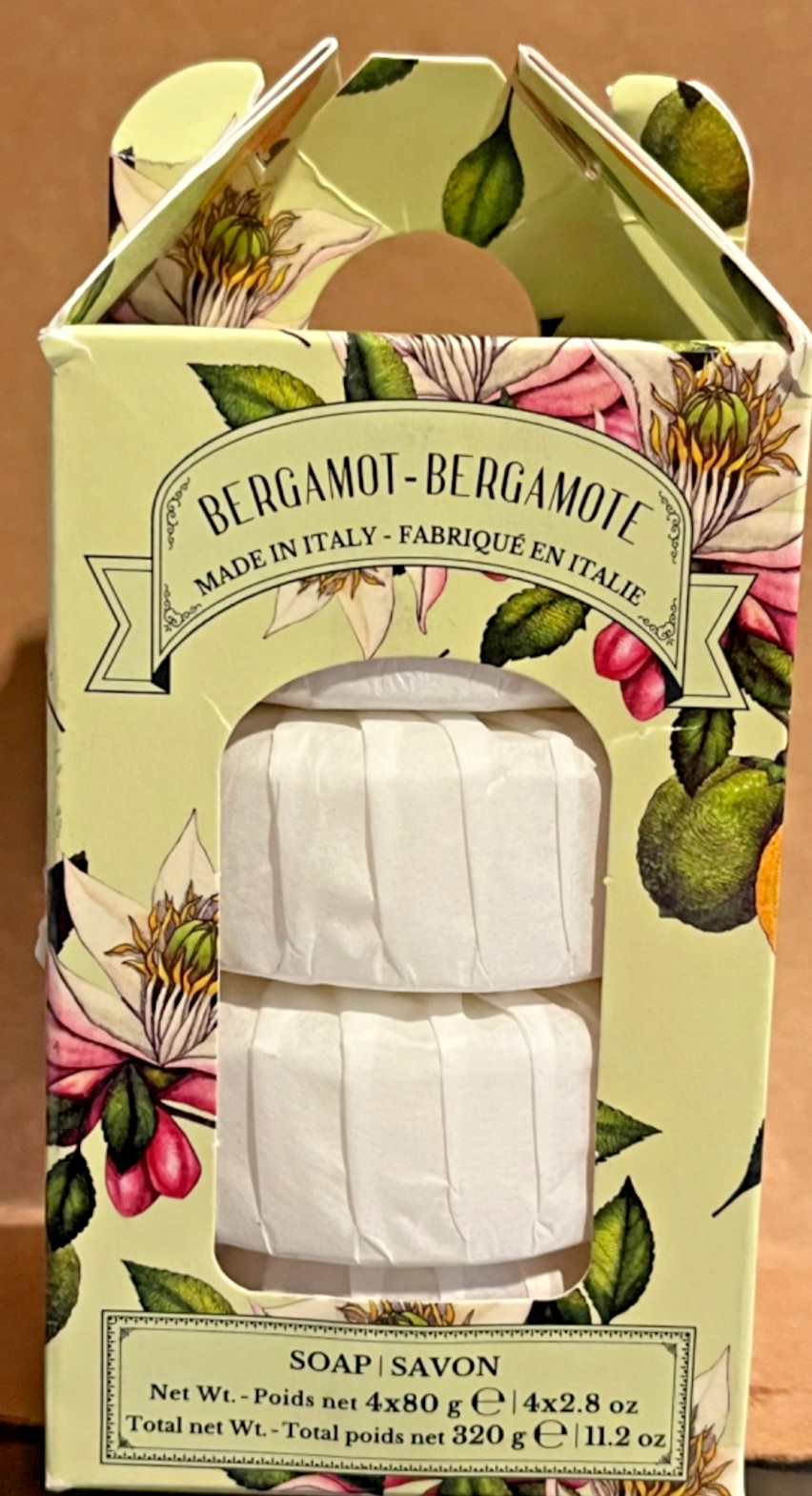DIAMANTE BERGAMOT Vegat. Based Round Individually Wrapped Soaps 4x80g, Italy New
