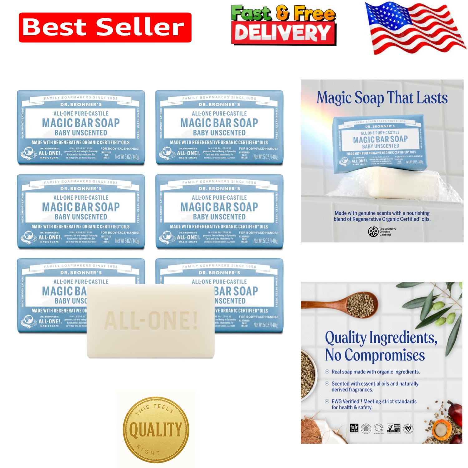 Biodegradable Unscented Soap Bars, 5 oz – 6-Pack Pure-Castile for Sensitive Skin