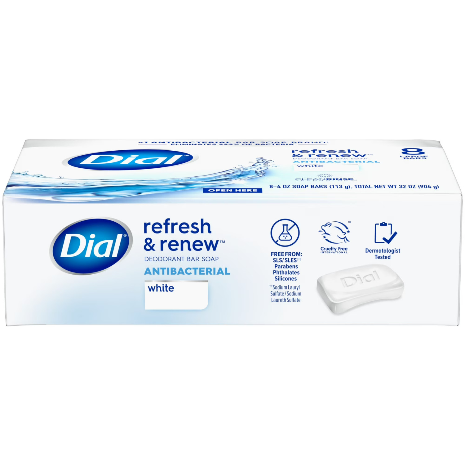 2 Pack Dial Antibacterial Bar Soap Refresh & Renew White Deodorant Bar 4oz 8ct