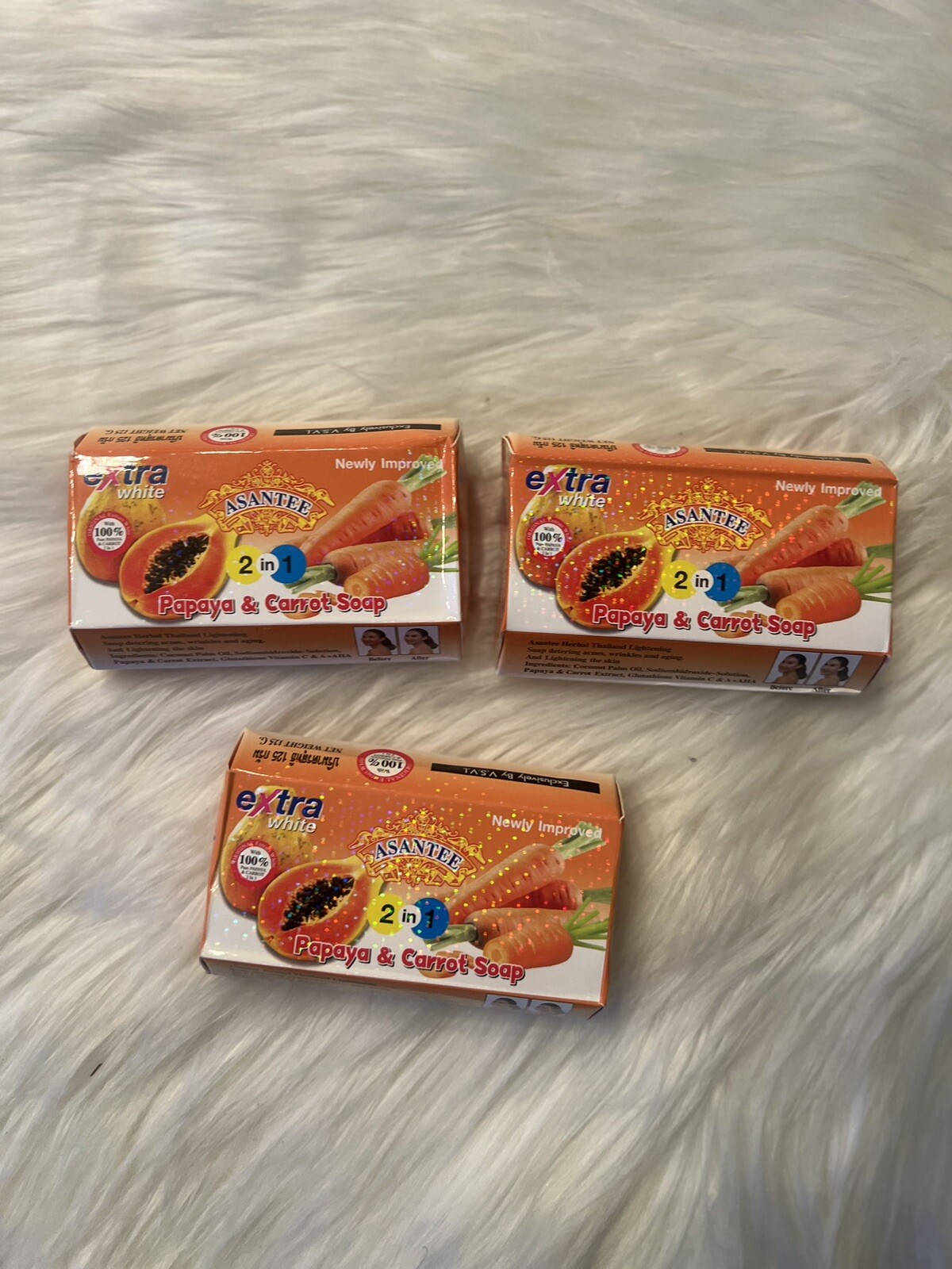 LOT OF 3 Asantee Papaya & Carrot Thailand Herbal Lighteni 2 In 1 Soap Extra Whit