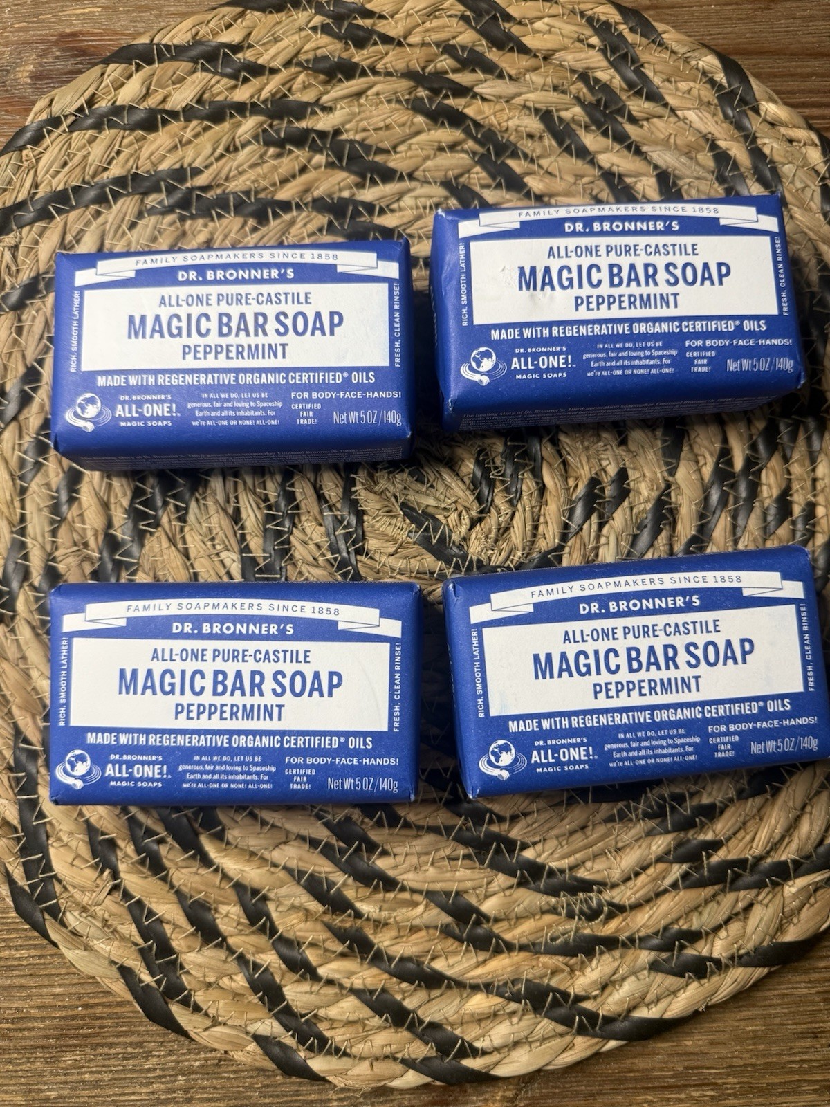 Dr. Bronner’s Organic All-One Pure-Castile Bar Soap, Peppermint – 5oz~ SET OF 4