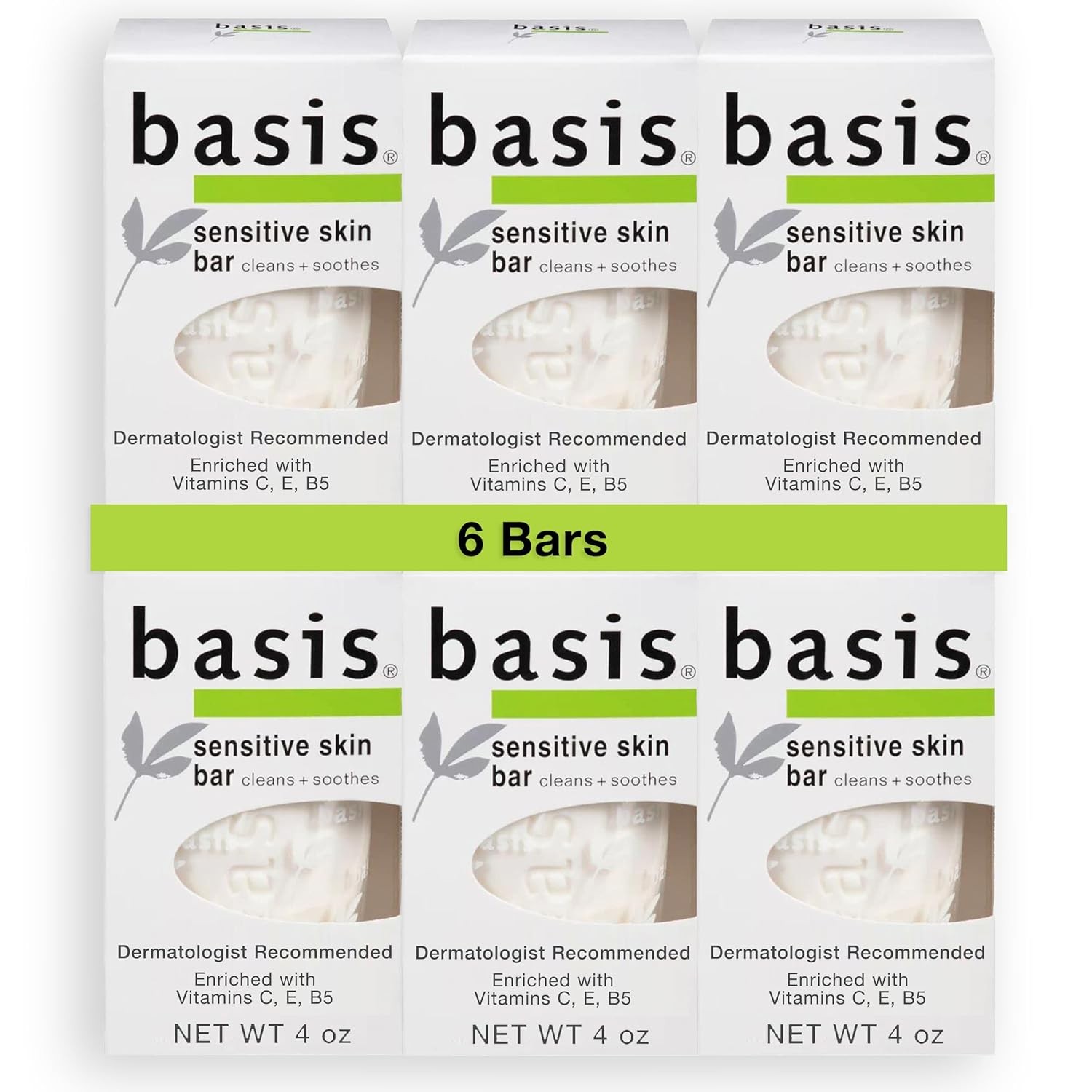 Basis Sensitive Skin Bar Soap for Body, Hands and Face, 4 Ounce (Pack of 6)