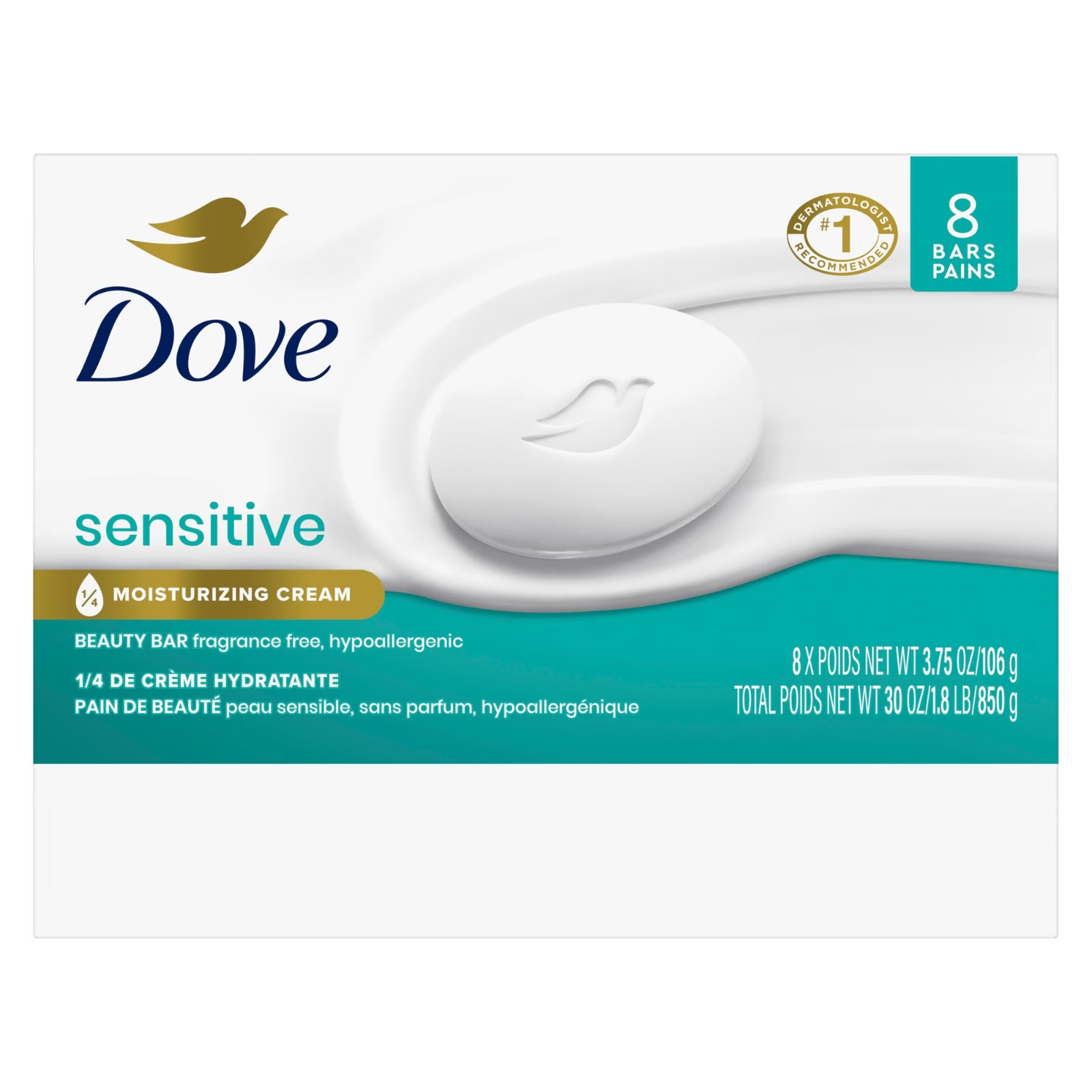 Beauty Bar Soap Sensitive, 8 Bars for Sensitive Skin, Fragrance Free and Hypoall