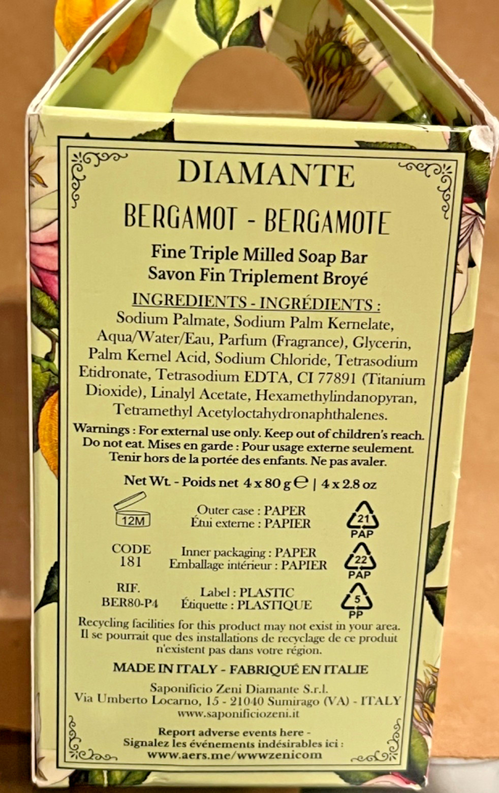 DIAMANTE BERGAMOT Vegat. Based Round Individually Wrapped Soaps 4x80g, Italy New