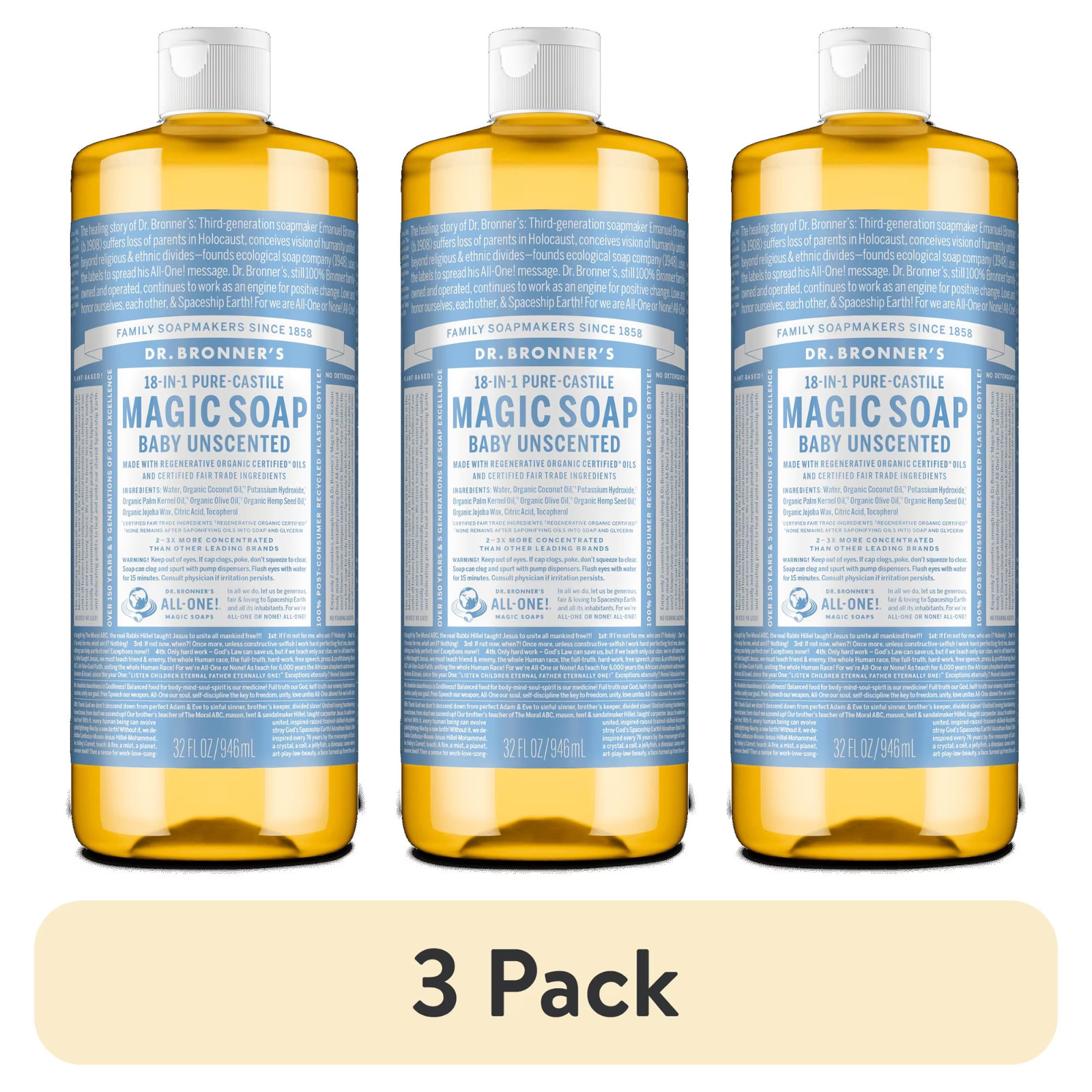 (3 pack) Dr. Bronner’s Magic Soap – Castile Liquid Soap – 32 oz – Body Wash, Fac