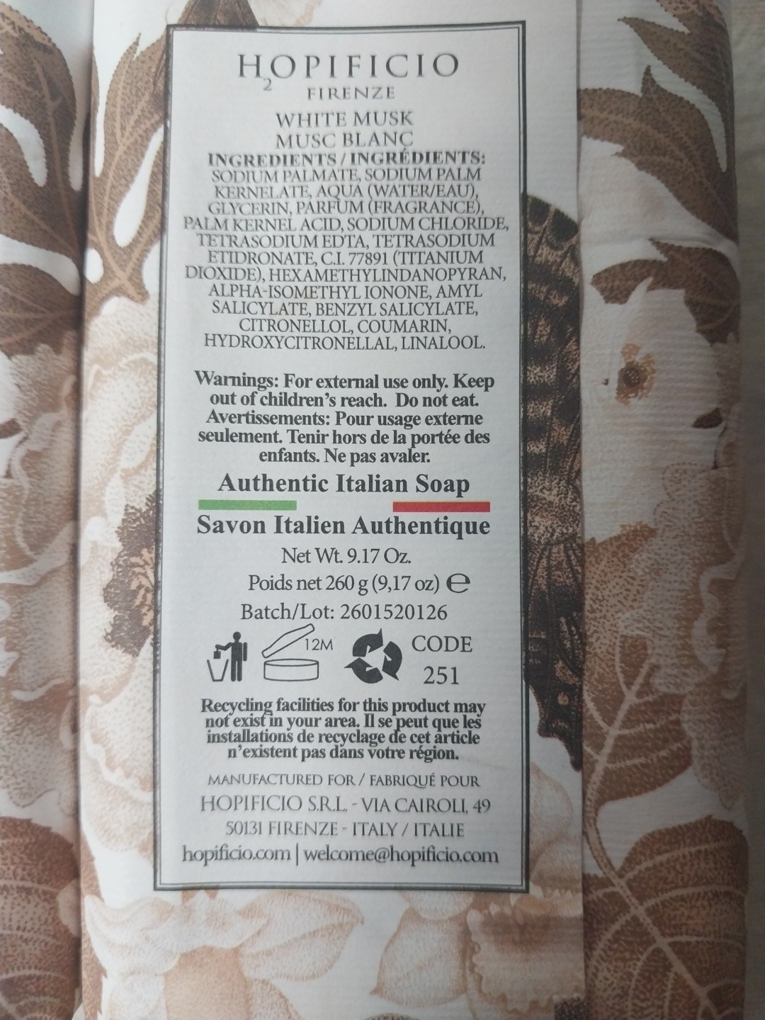 2X HOPIFICIO Scent : White Musk Musc Blanc Finest Triple Milled Soap Bar 9.17 Oz