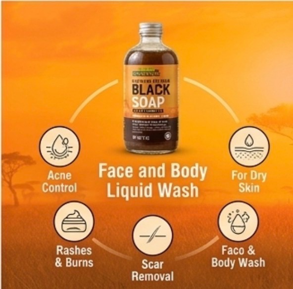 Blue Fragranc Black soap liquid from Ghana and made with spring water 16 oz pump