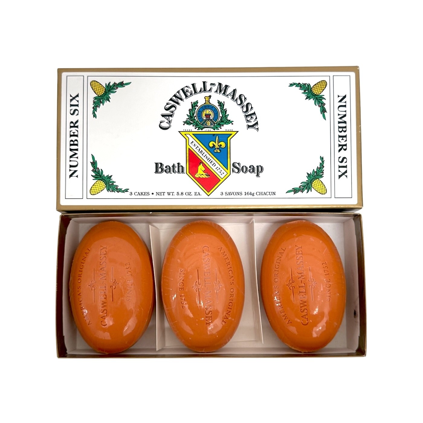 Box of 3 Caswell Massey NUMBER SIX Bath Soap Bars Wrapped New in Box Original