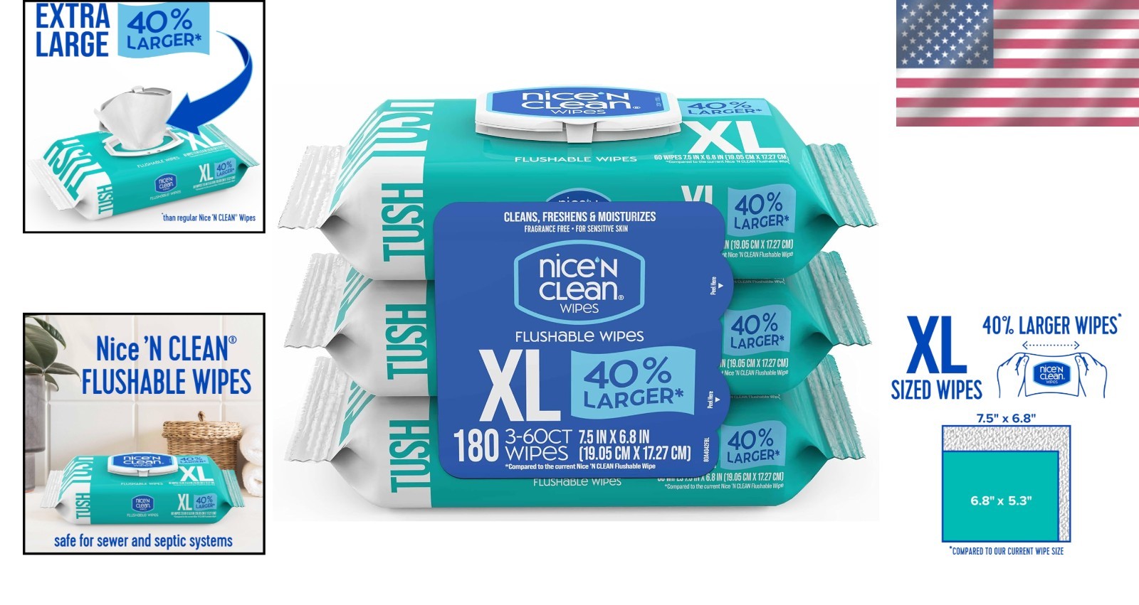 Extra Large Flushable Wipes | 40% Larger | Unscented, Hypoallergenic Comfort